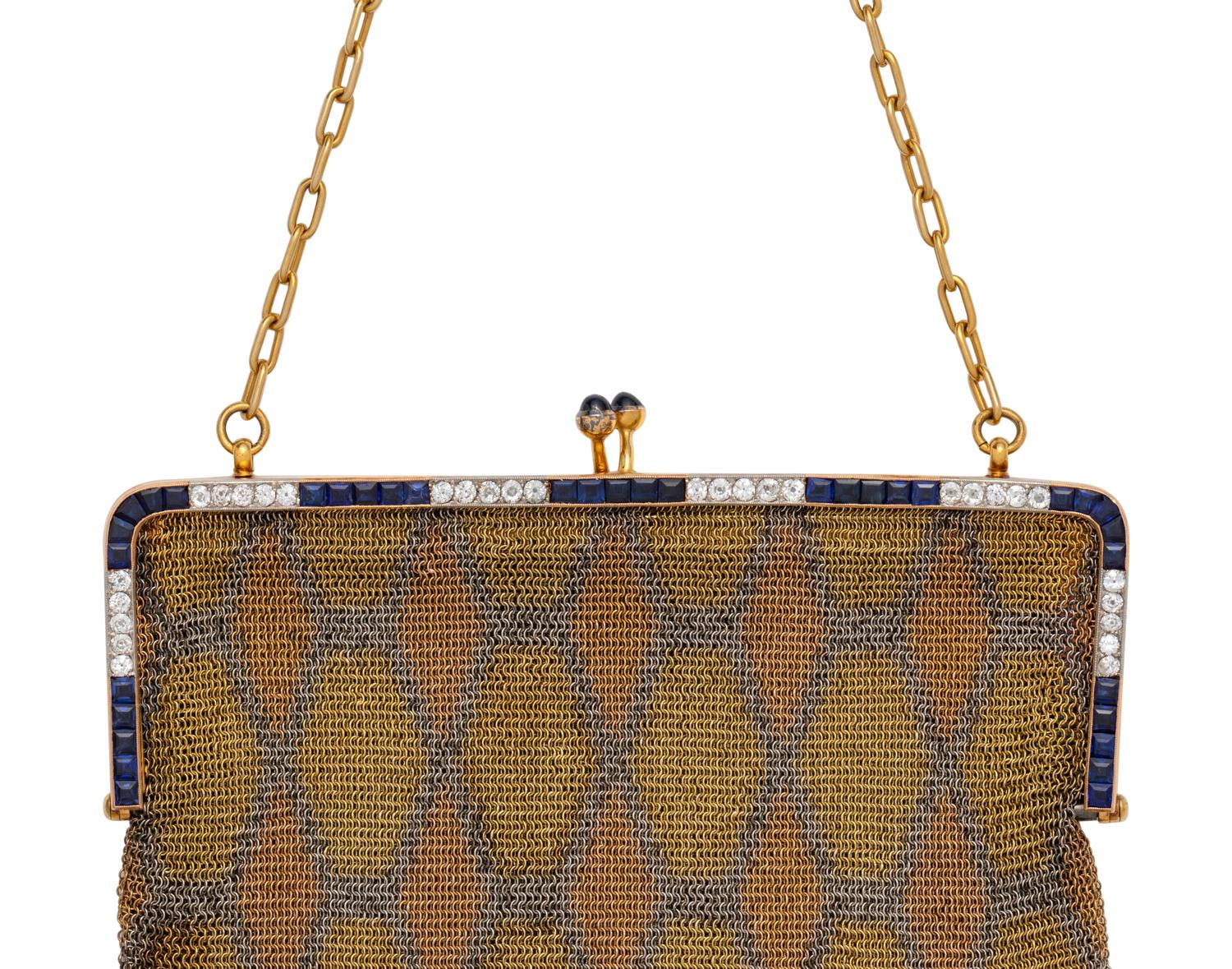 ANTIQUE, TRICOLOR GOLD, DIAMOND AND SAPPHIRE MESH PURSE