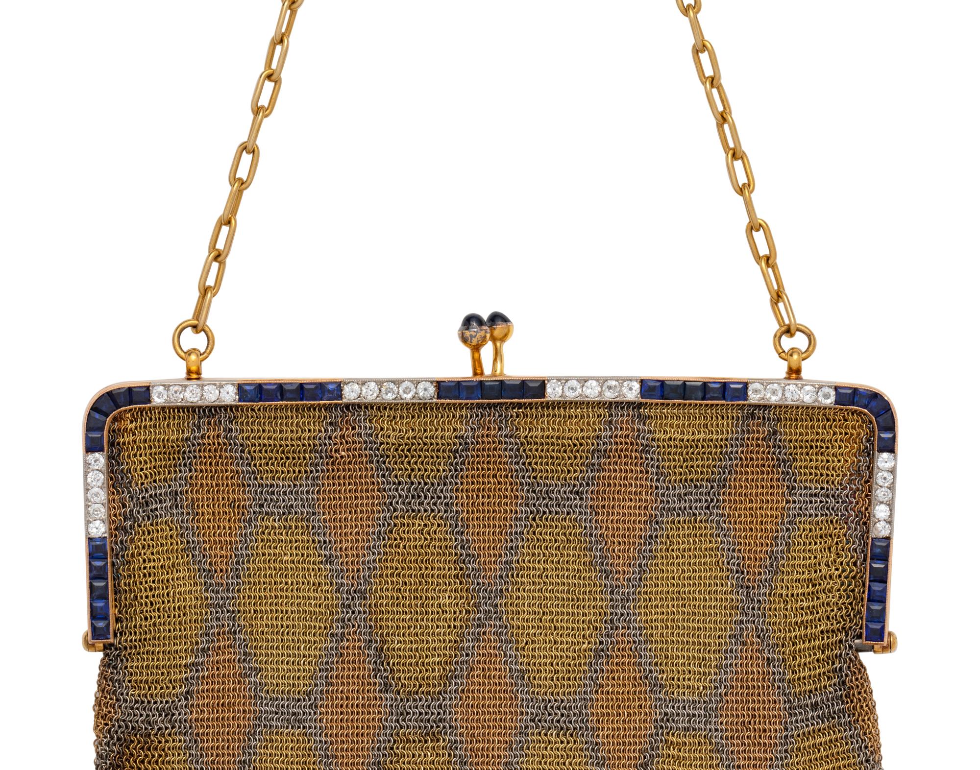 ANTIQUE, TRICOLOR GOLD, DIAMOND AND SAPPHIRE MESH PURSE