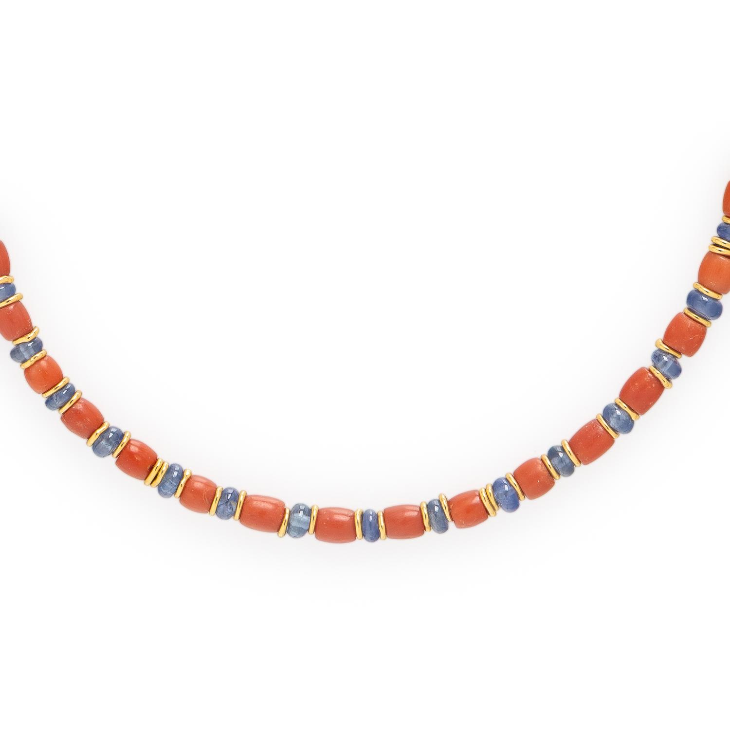High Karat Yellow Gold, Coral and Sapphire Bead Necklace