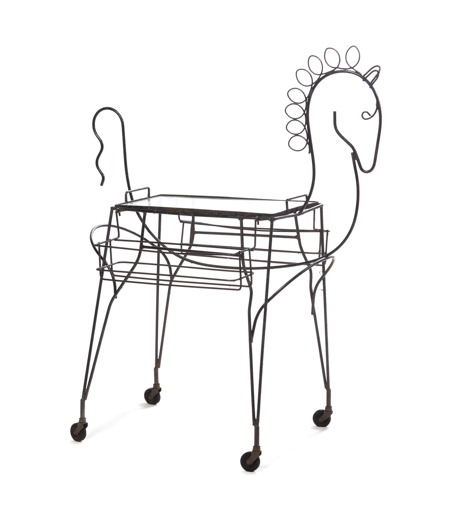 A John Risley Figural Wirework Bar Cart Height 41 1/2 x width 22 x depth 32 inches. — CIRCA 1965