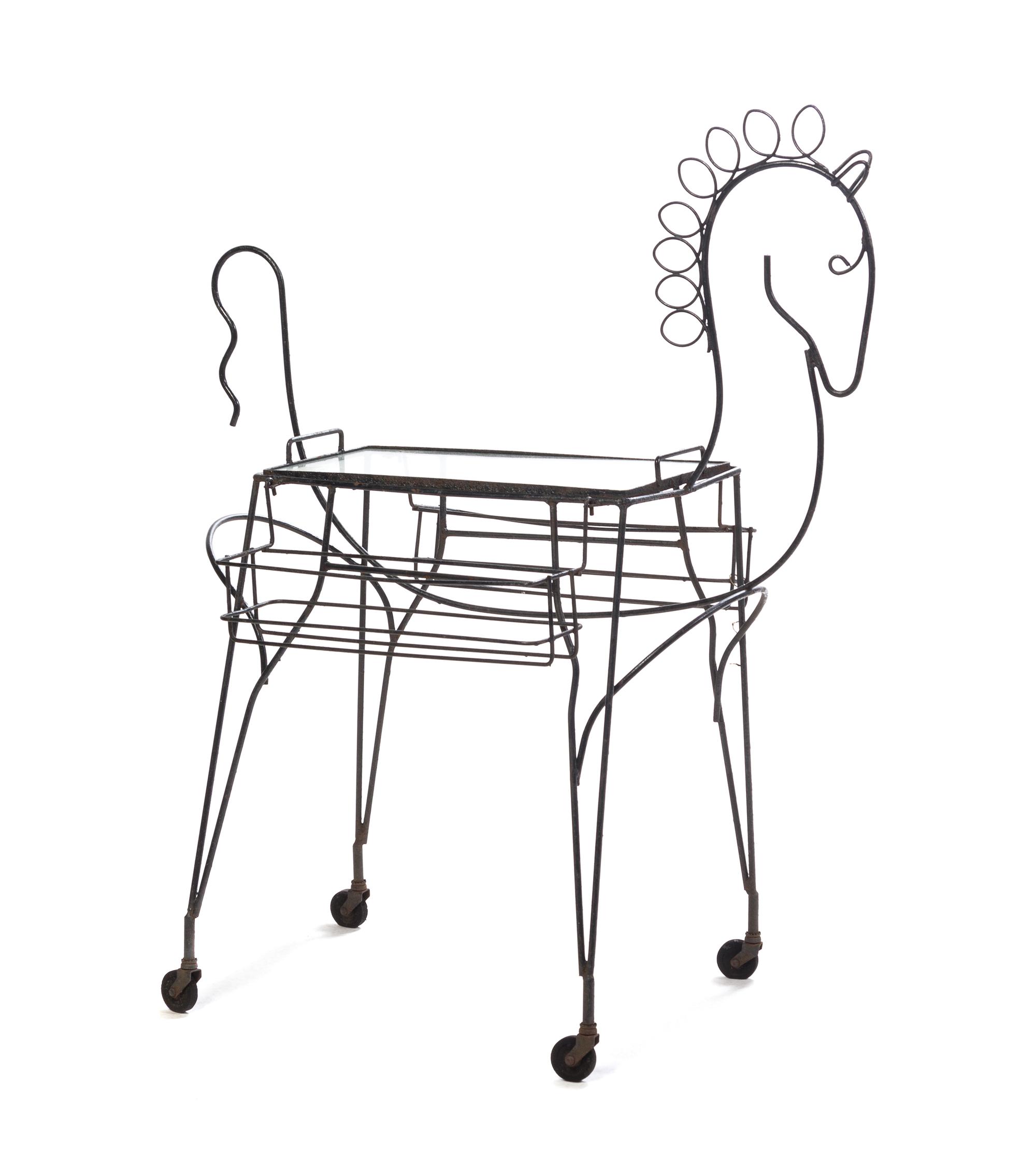 A John Risley Figural Wirework Bar Cart Height 41 1/2 x width 22 x depth 32 inches. — CIRCA 1965