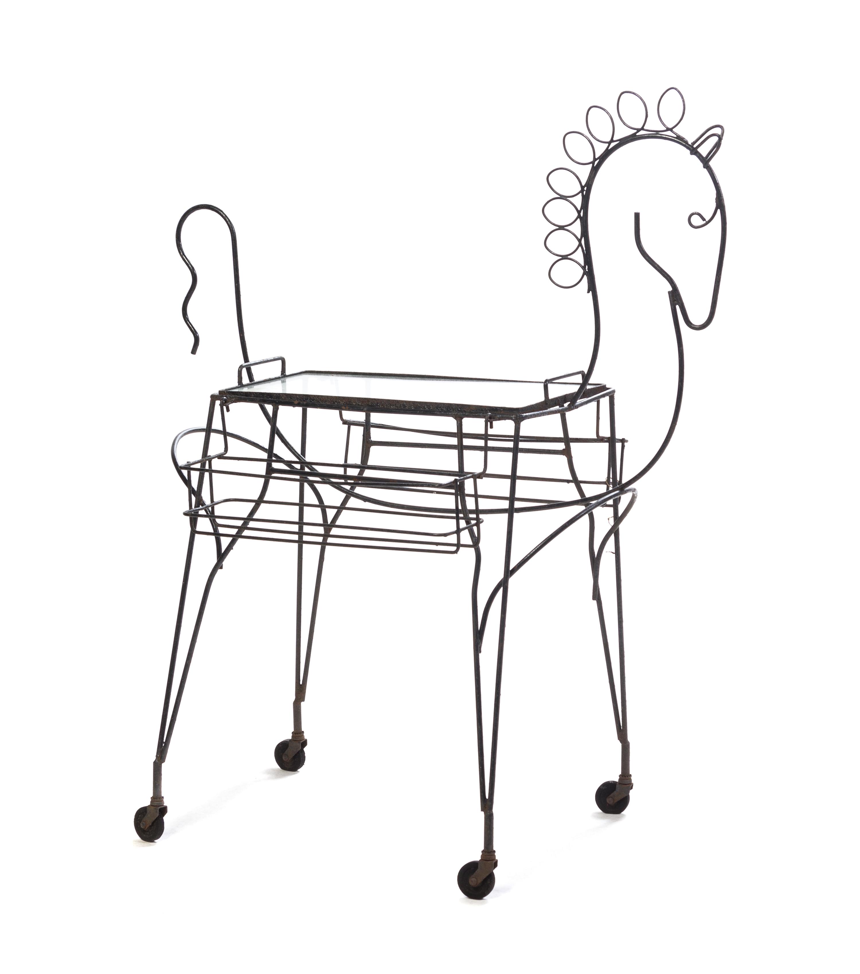 A John Risley Figural Wirework Bar Cart Height 41 1/2 x width 22 x depth 32 inches. — CIRCA 1965