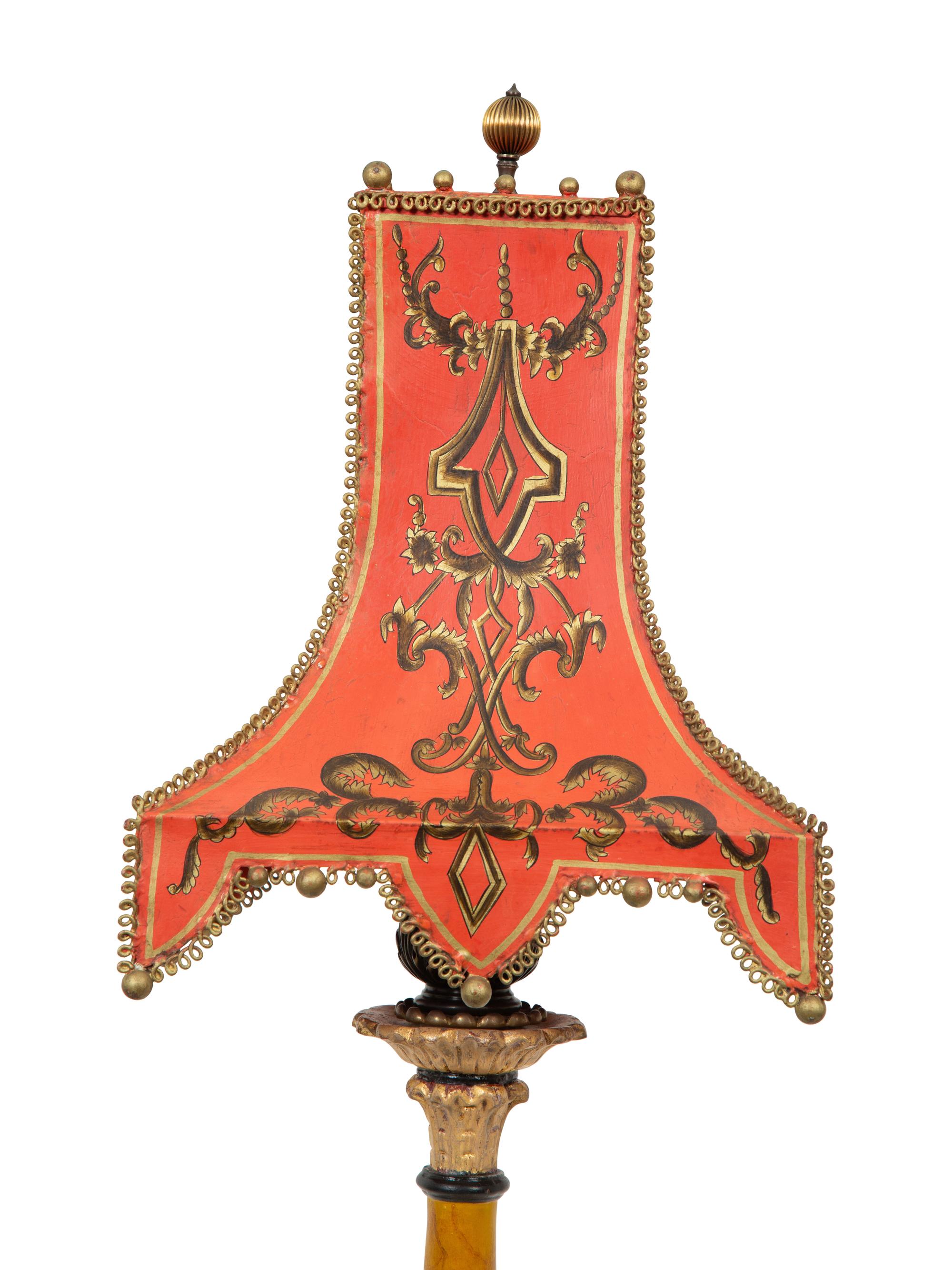 A Painted Pricket Form Table Lamp with Tole Peinte Shade