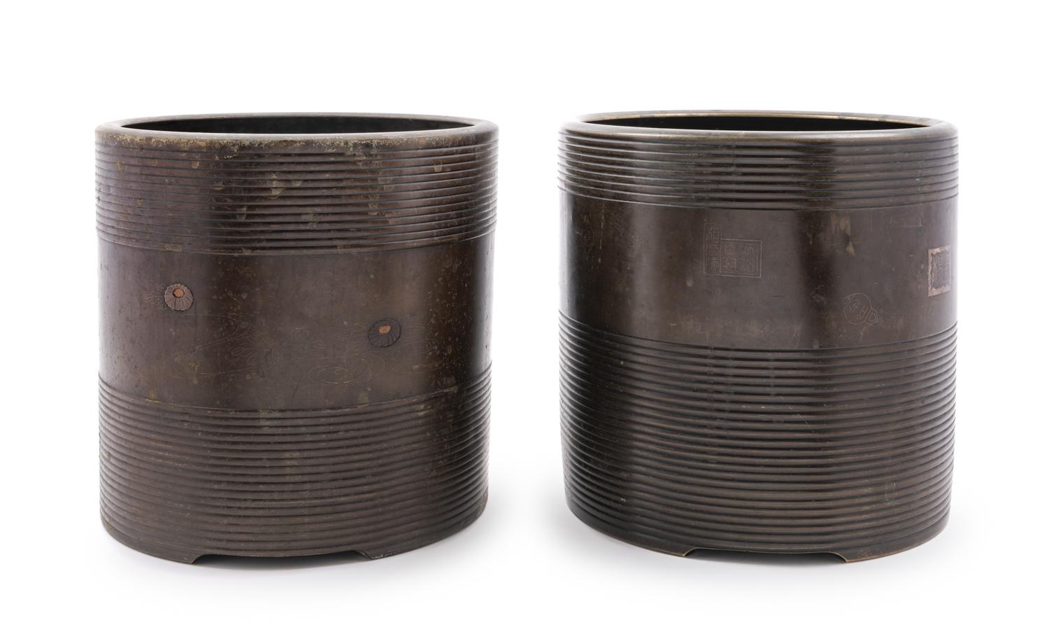 A Pair of Japanese Bronze Cylindrical Cachepots