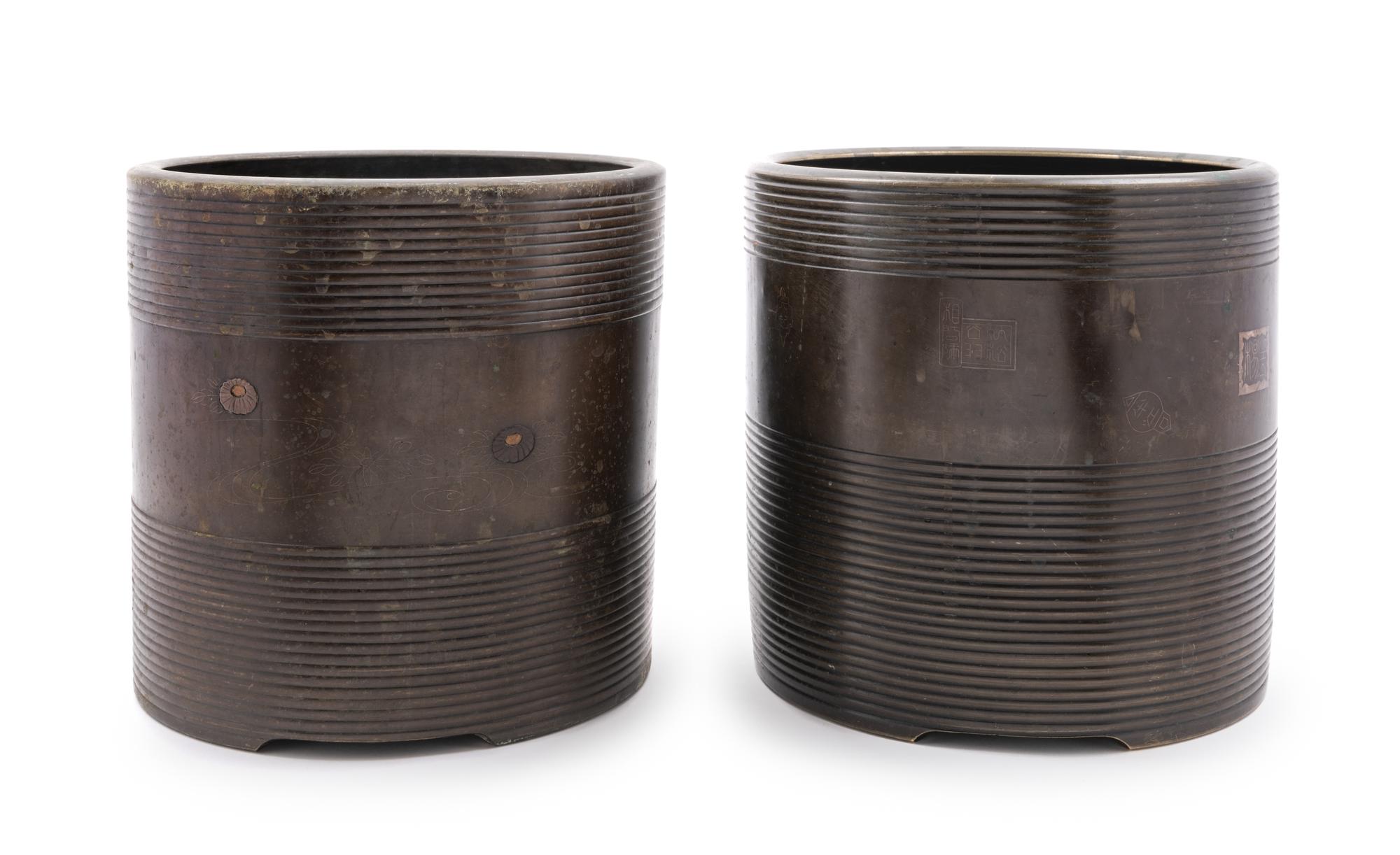 A Pair of Japanese Bronze Cylindrical Cachepots