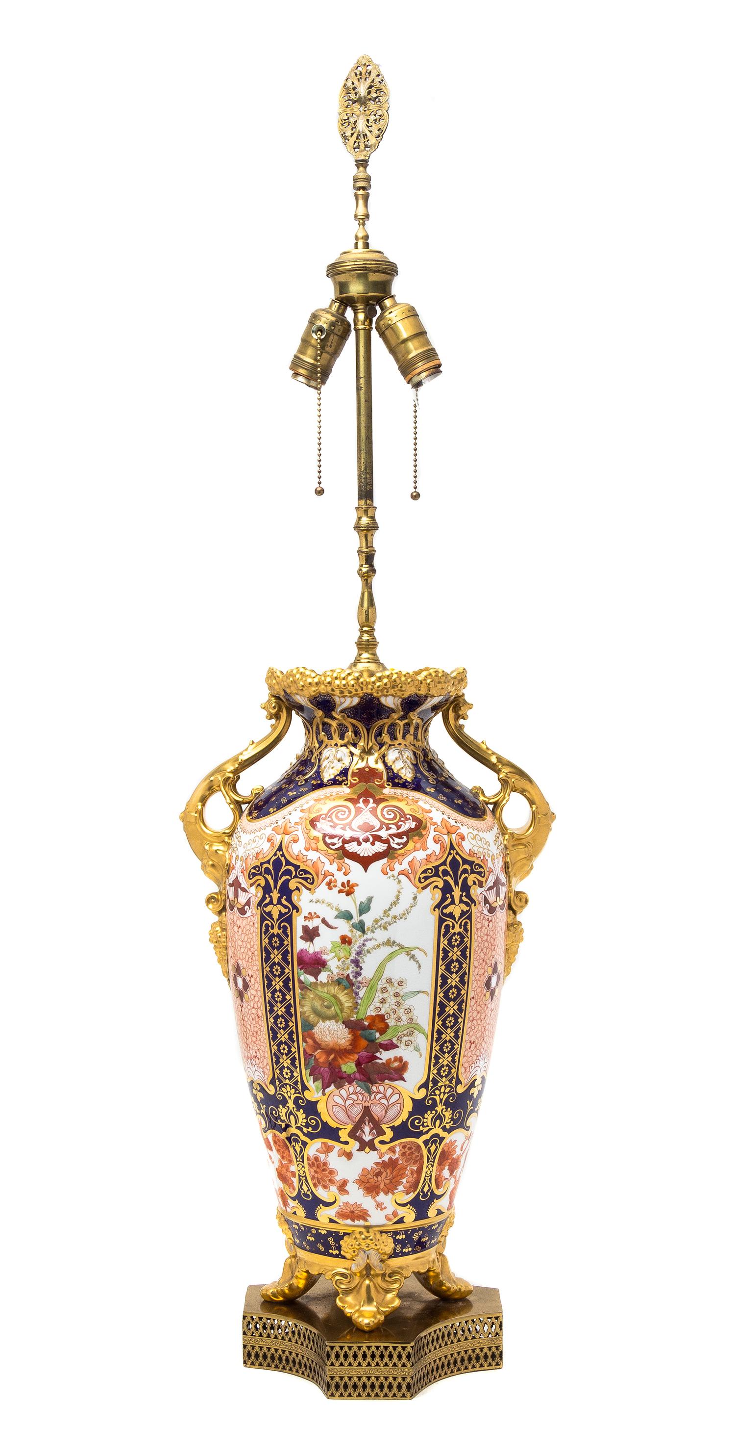 A English Porcelain Vase, LIKELY ROYAL CROWN DERBY, Height of porcelain 20 inches. — LIKELY ROYAL CROWN DERBY,