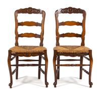 Pair of French Provincial Style Carved Fruitwood Side Chairs Height 38 inches. — 19TH CENTURY