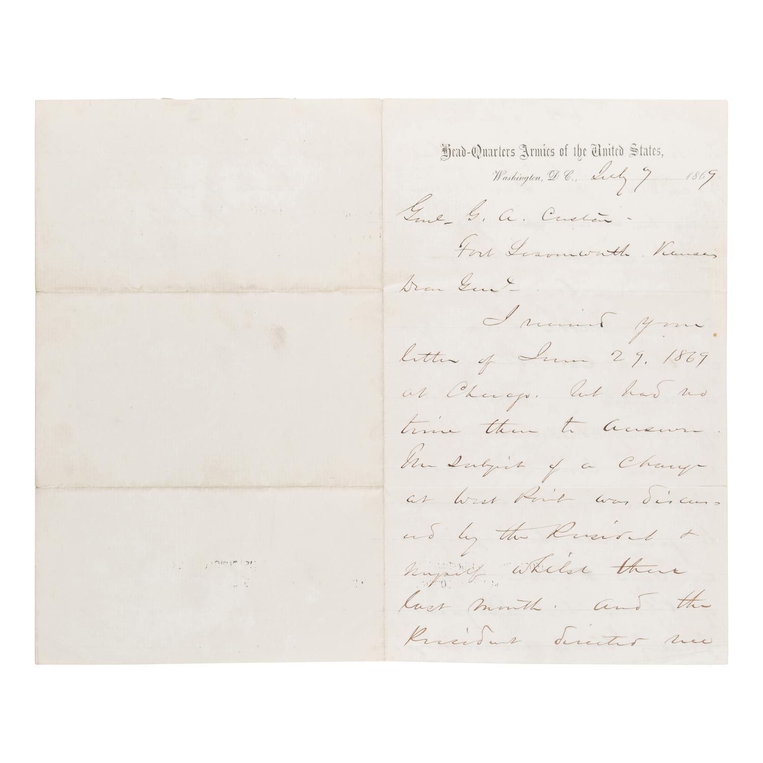[Custer, George Armstrong, Gen. (1839-1876)]. A pair of letters from Generals Sheridan and Sherman to Custer, regarding his attempt to secure a transfer to West Point, comprising: