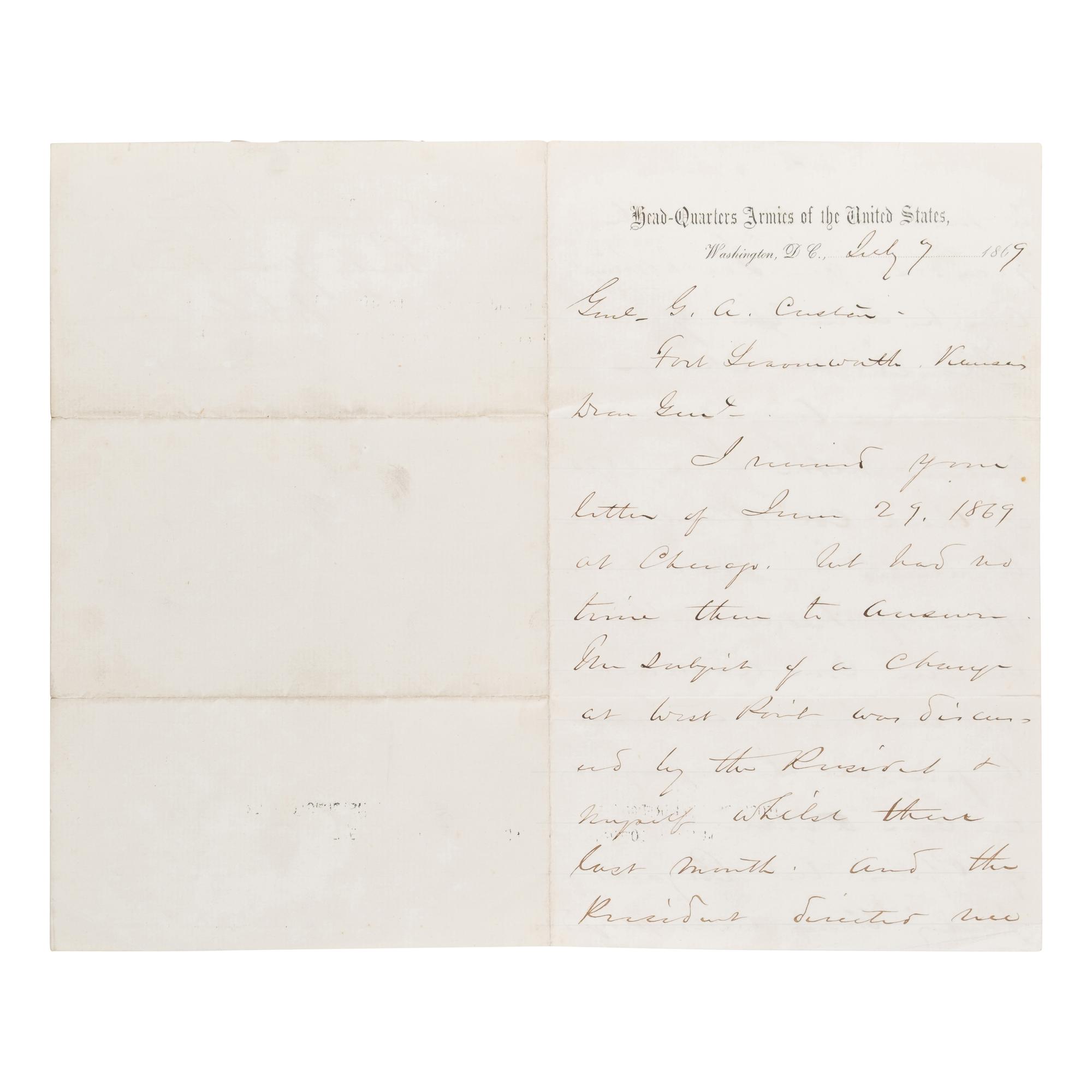 [Custer, George Armstrong, Gen. (1839-1876)]. A pair of letters from Generals Sheridan and Sherman to Custer, regarding his attempt to secure a transfer to West Point, comprising: