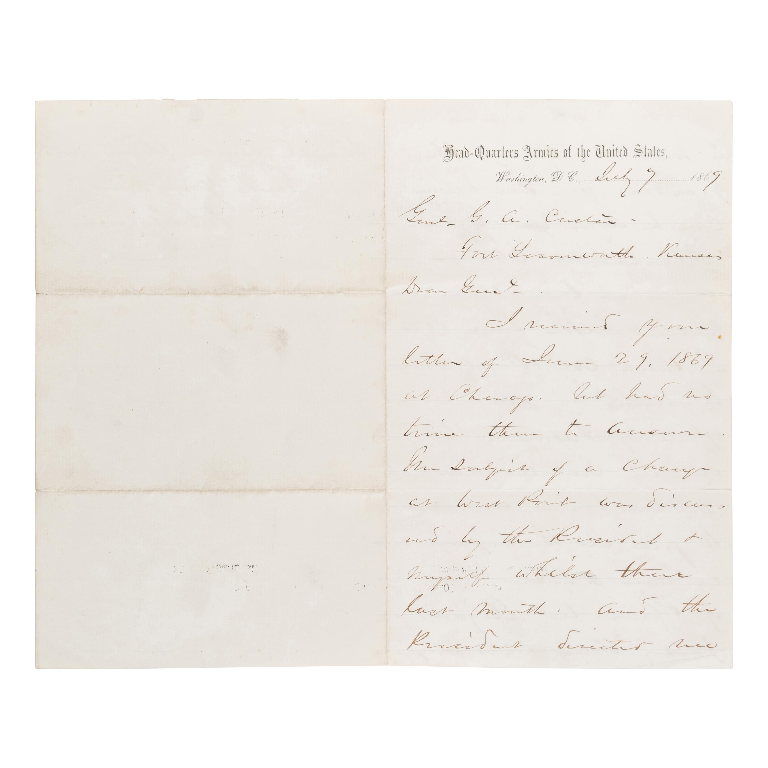 [Custer, George Armstrong, Gen. (1839-1876)]. A pair of letters from Generals Sheridan and Sherman to Custer, regarding his attempt to secure a transfer to West Point, comprising: