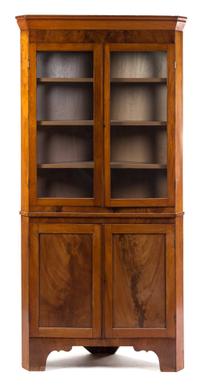 An American Mahogany Corner Cupboard Height 81 1/4 x width 40 x depth 17 inches.