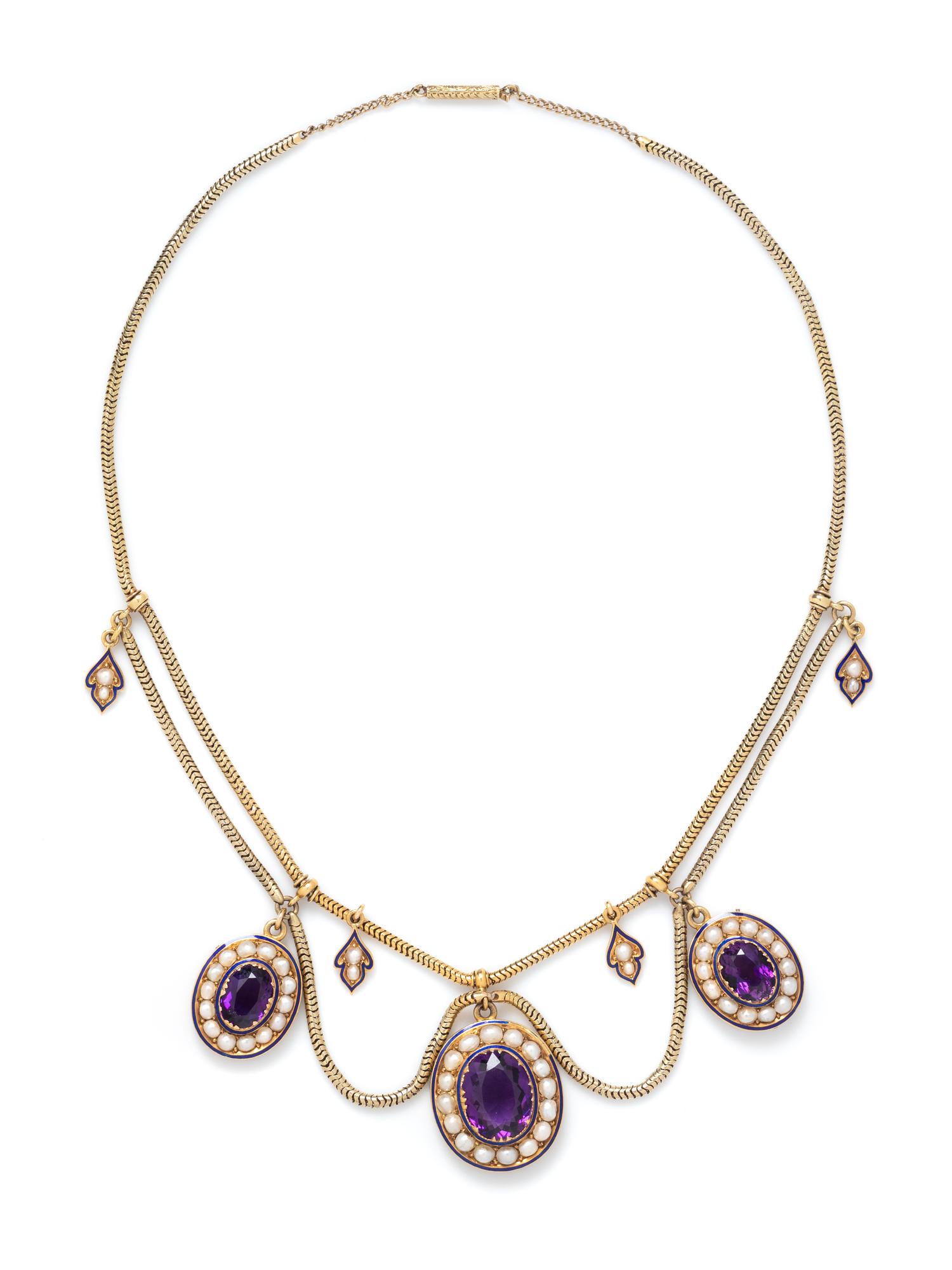 ANTIQUE, AMETHYST, SEED PEARL AND ENAMEL SWAG NECKLACE