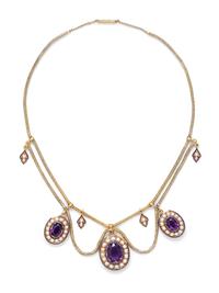 ANTIQUE, AMETHYST, SEED PEARL AND ENAMEL SWAG NECKLACE