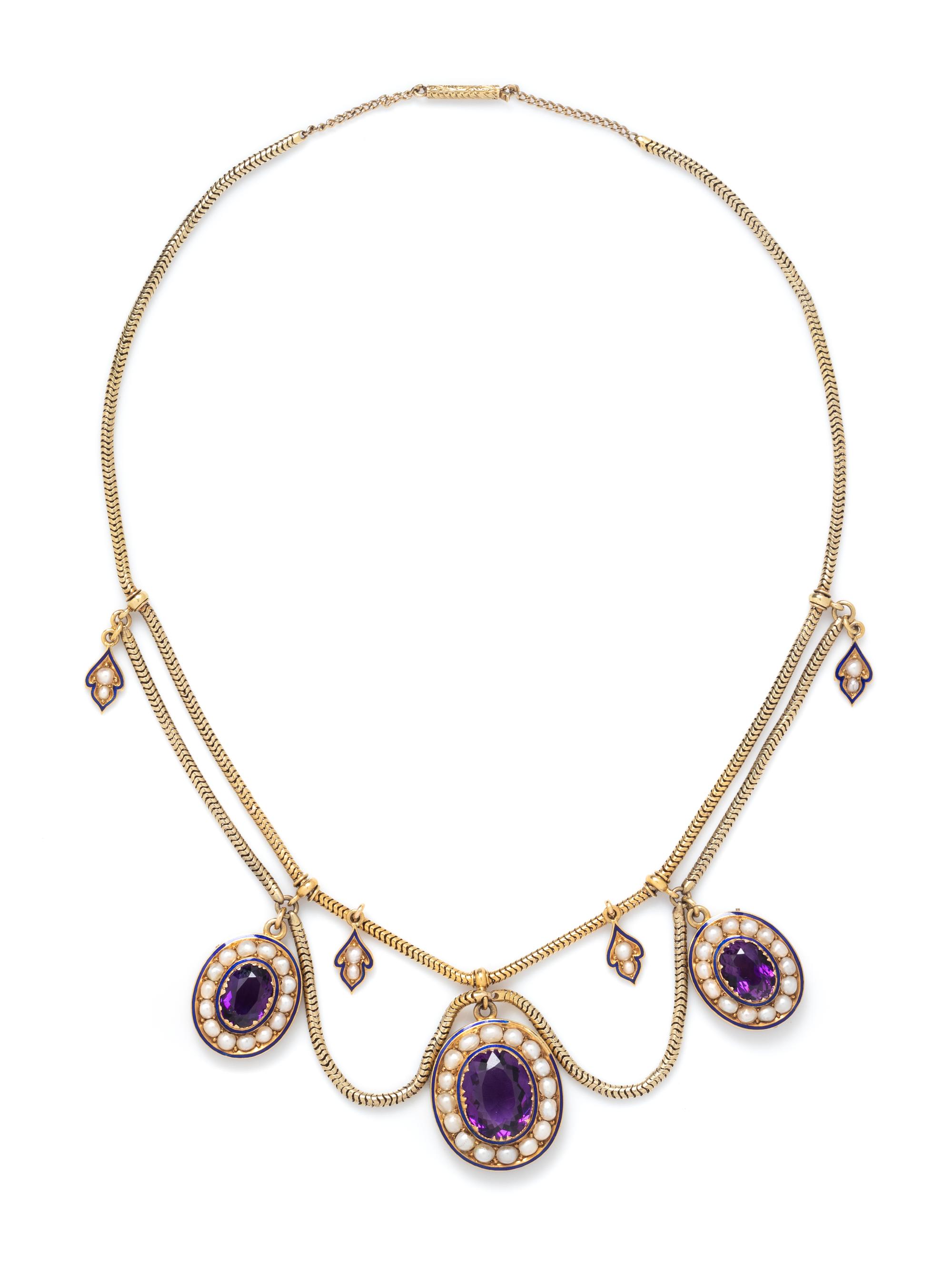 ANTIQUE, AMETHYST, SEED PEARL AND ENAMEL SWAG NECKLACE