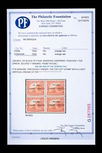 {PHILATELY} [SURCHARGE ERROR] NICARAGUA. Airmail. 1932. 15c. Orange Red (#CO4a & CO4aVAR), Block of Four, Inverted Surcharge, Position 1 Error "Ofic al" printed instead of "Oficial"