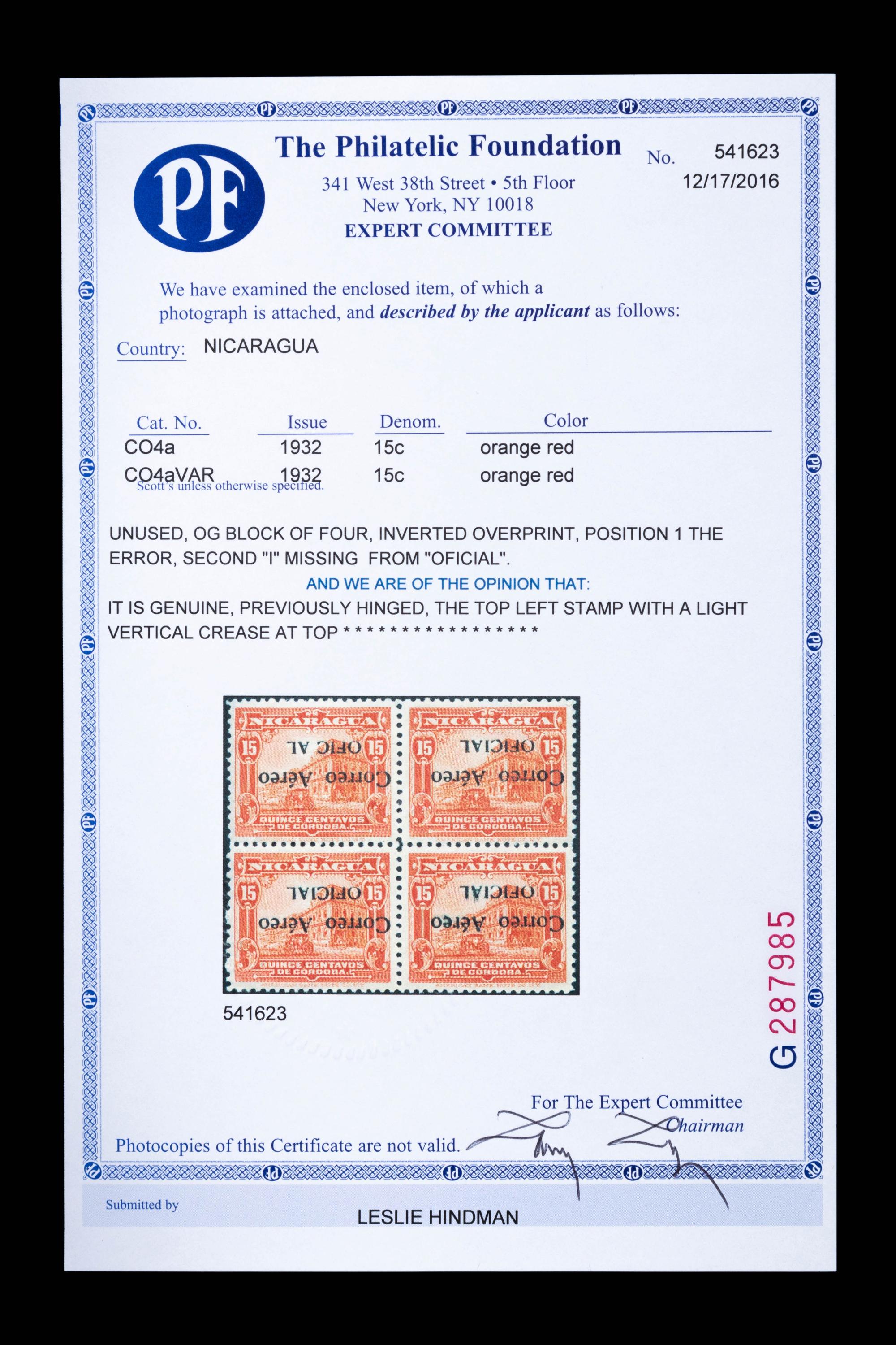 {PHILATELY} [SURCHARGE ERROR] NICARAGUA. Airmail. 1932. 15c. Orange Red (#CO4a & CO4aVAR), Block of Four, Inverted Surcharge, Position 1 Error "Ofic al" printed instead of "Oficial"