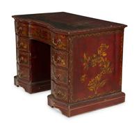 A George III Style Red and Gilt Japanned Knee-Hole Desk