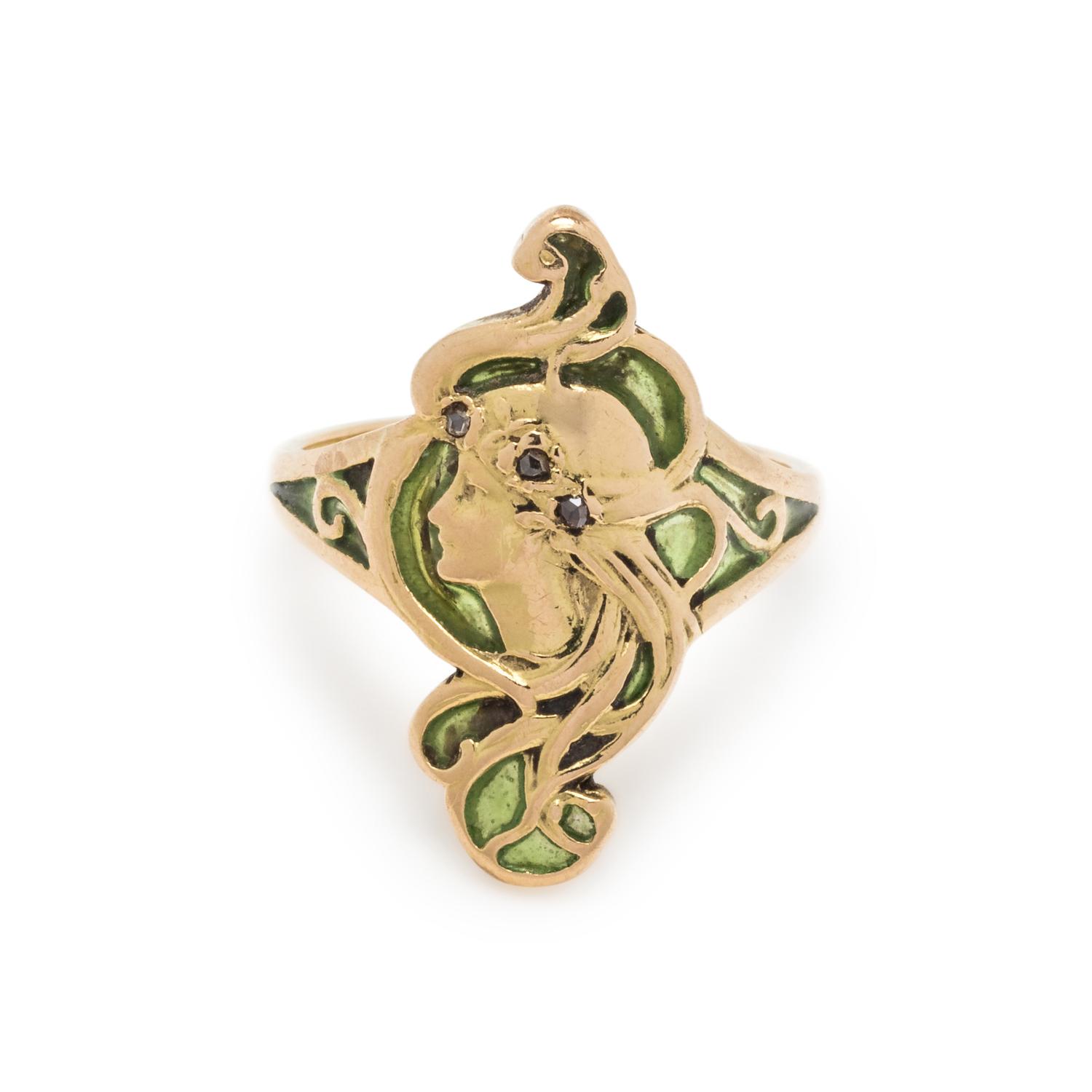 FRENCH, ART NOUVEAU, PLIQUE-À-JOUR ENAMEL AND DIAMOND RING