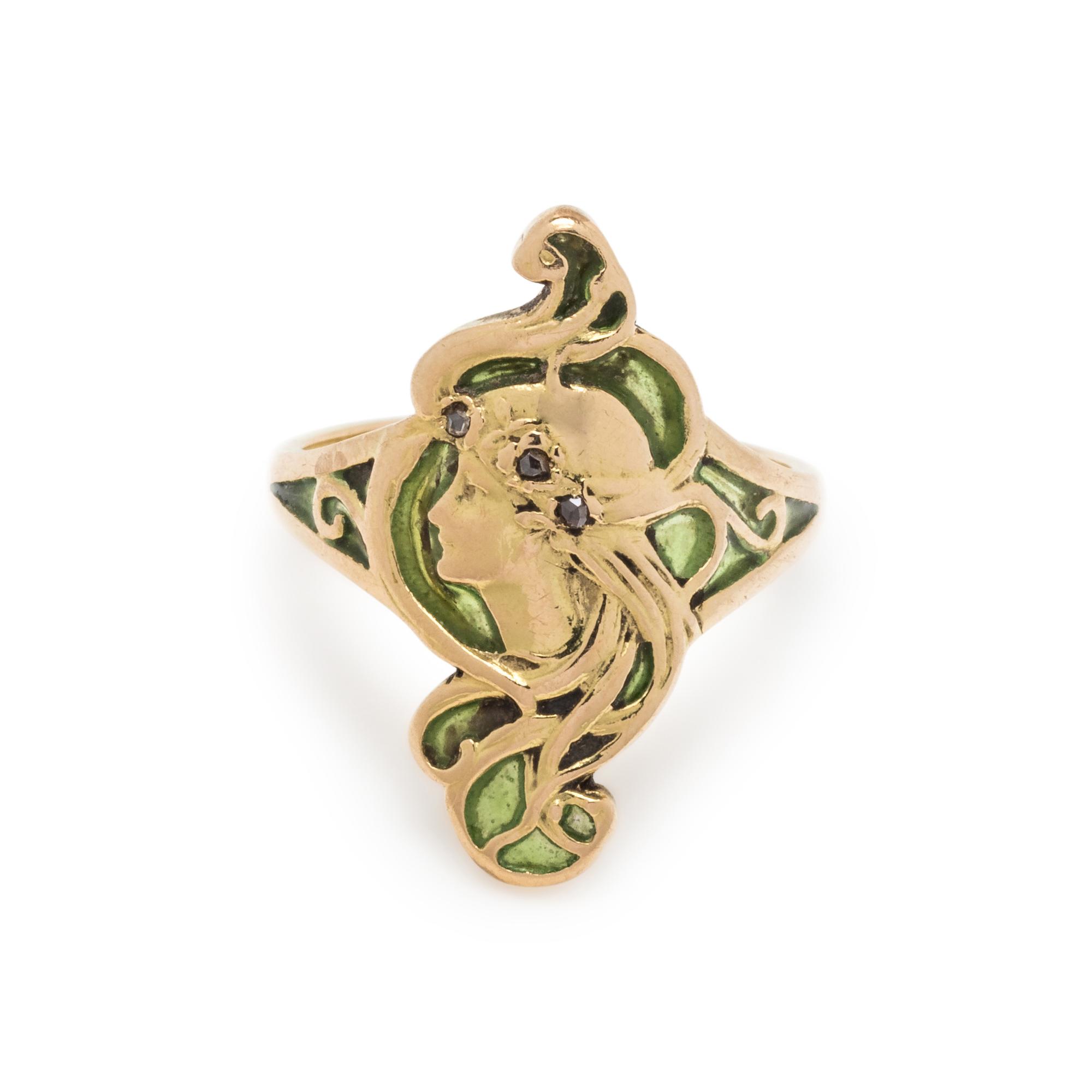 FRENCH, ART NOUVEAU, PLIQUE-À-JOUR ENAMEL AND DIAMOND RING