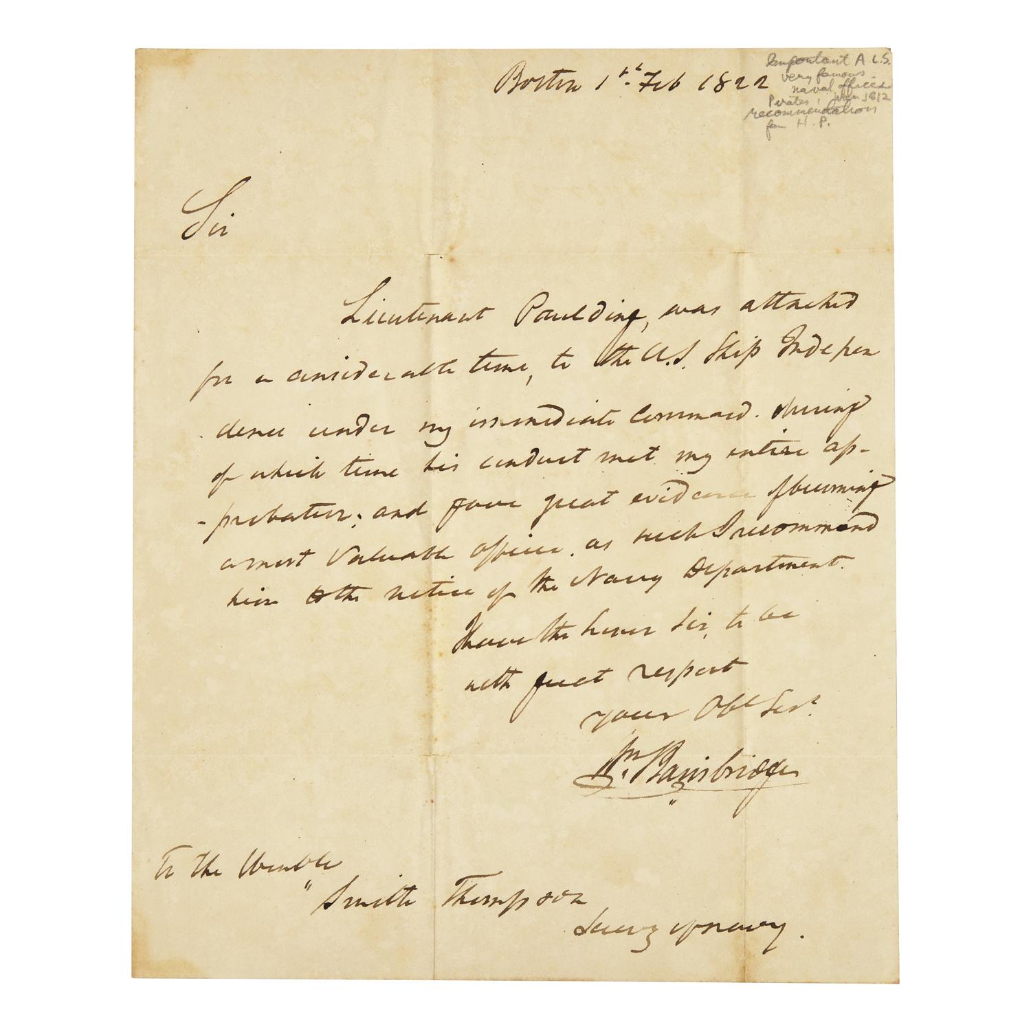 [Paulding, Hiram] Bainbridge, William. Autograph Letter, Signed