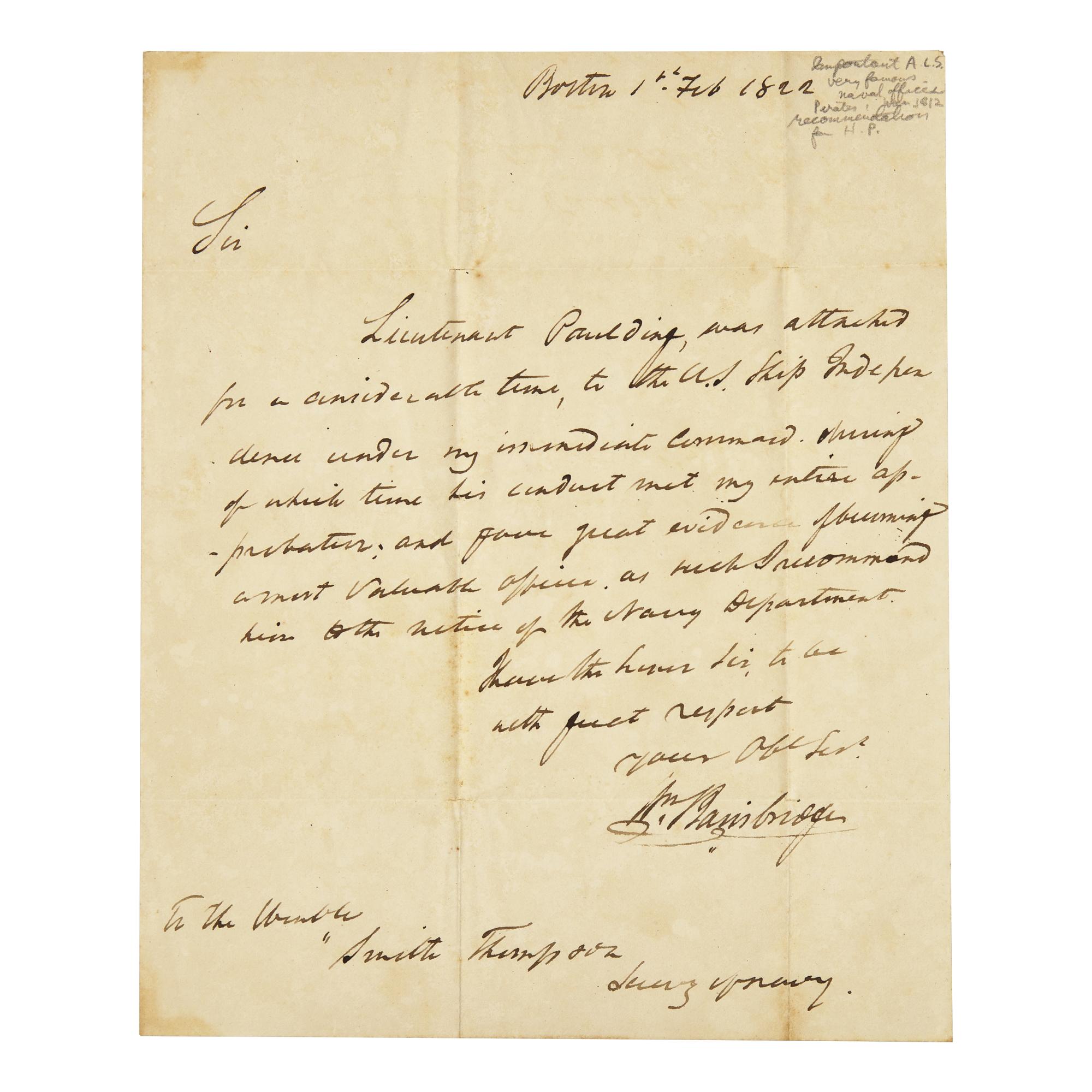 [Paulding, Hiram] Bainbridge, William. Autograph Letter, Signed