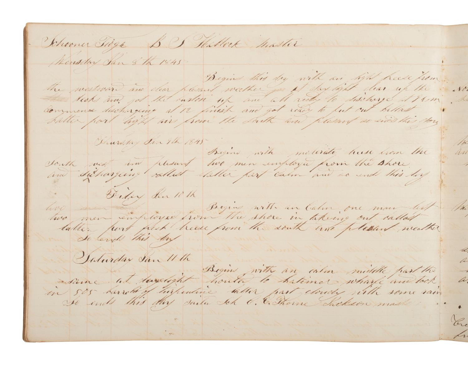 [MARITIME]. Log book of the schooner Tioga , documenting multiple voyages, 1844-45.