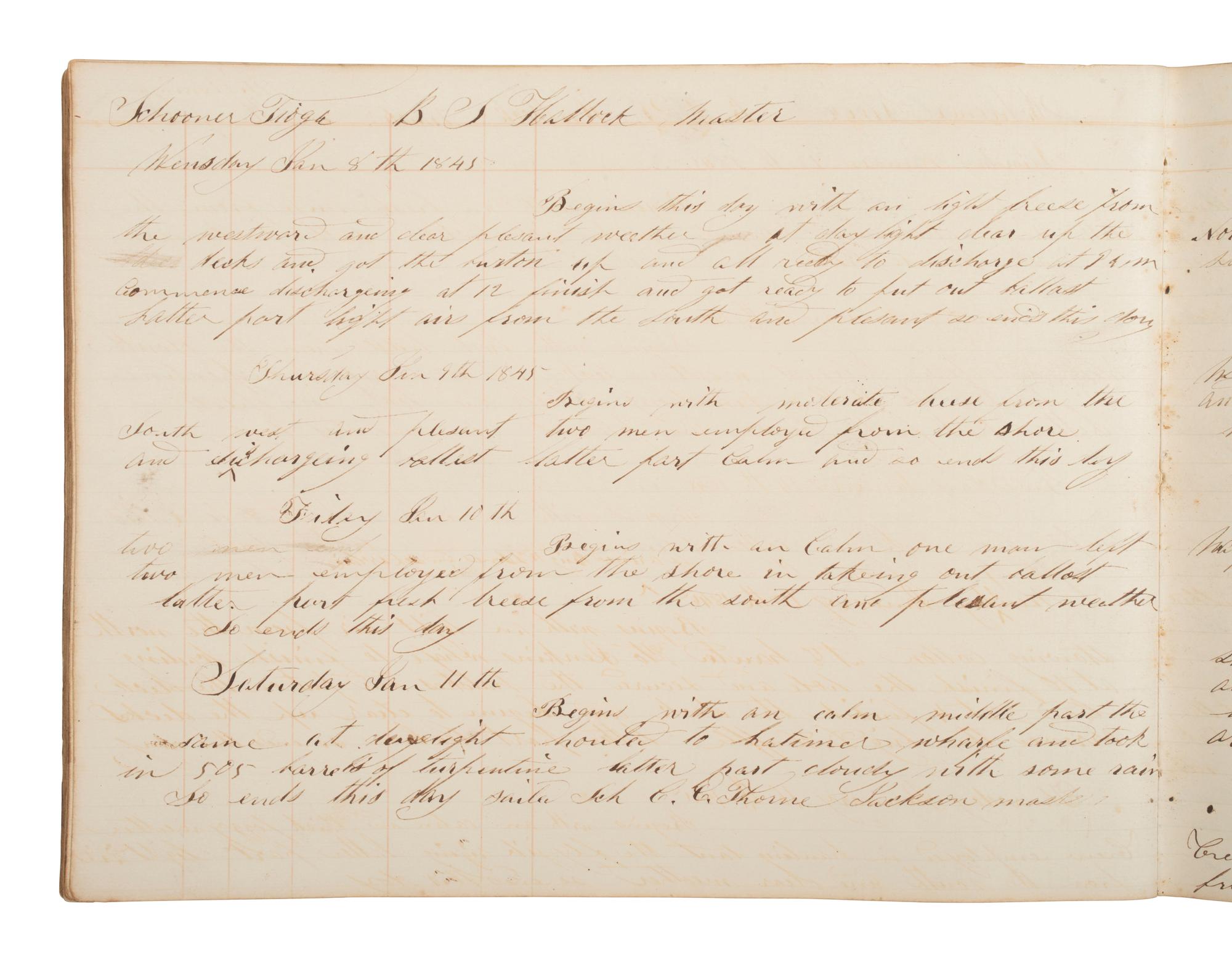 [MARITIME]. Log book of the schooner Tioga , documenting multiple voyages, 1844-45.