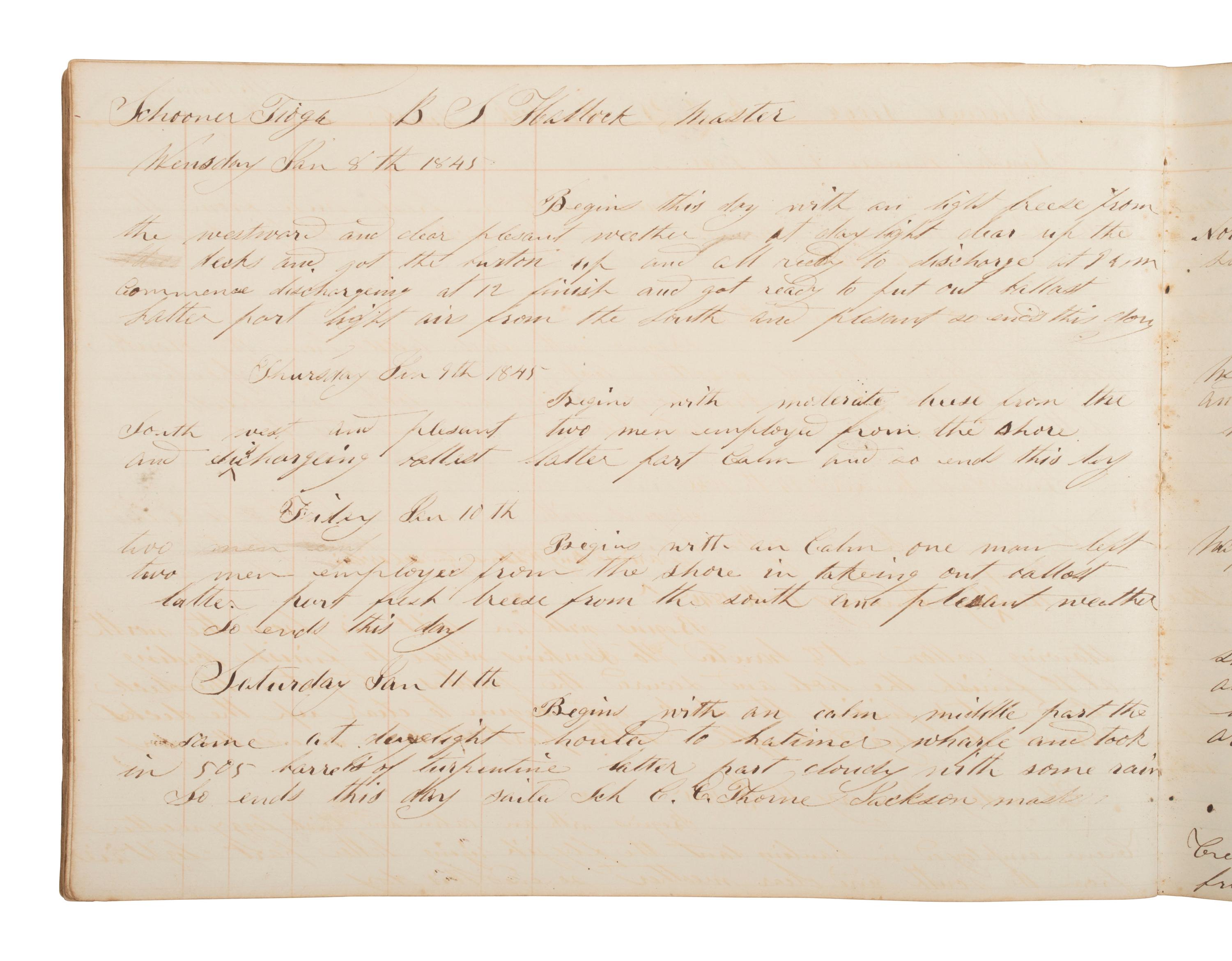 [MARITIME]. Log book of the schooner Tioga , documenting multiple voyages, 1844-45.