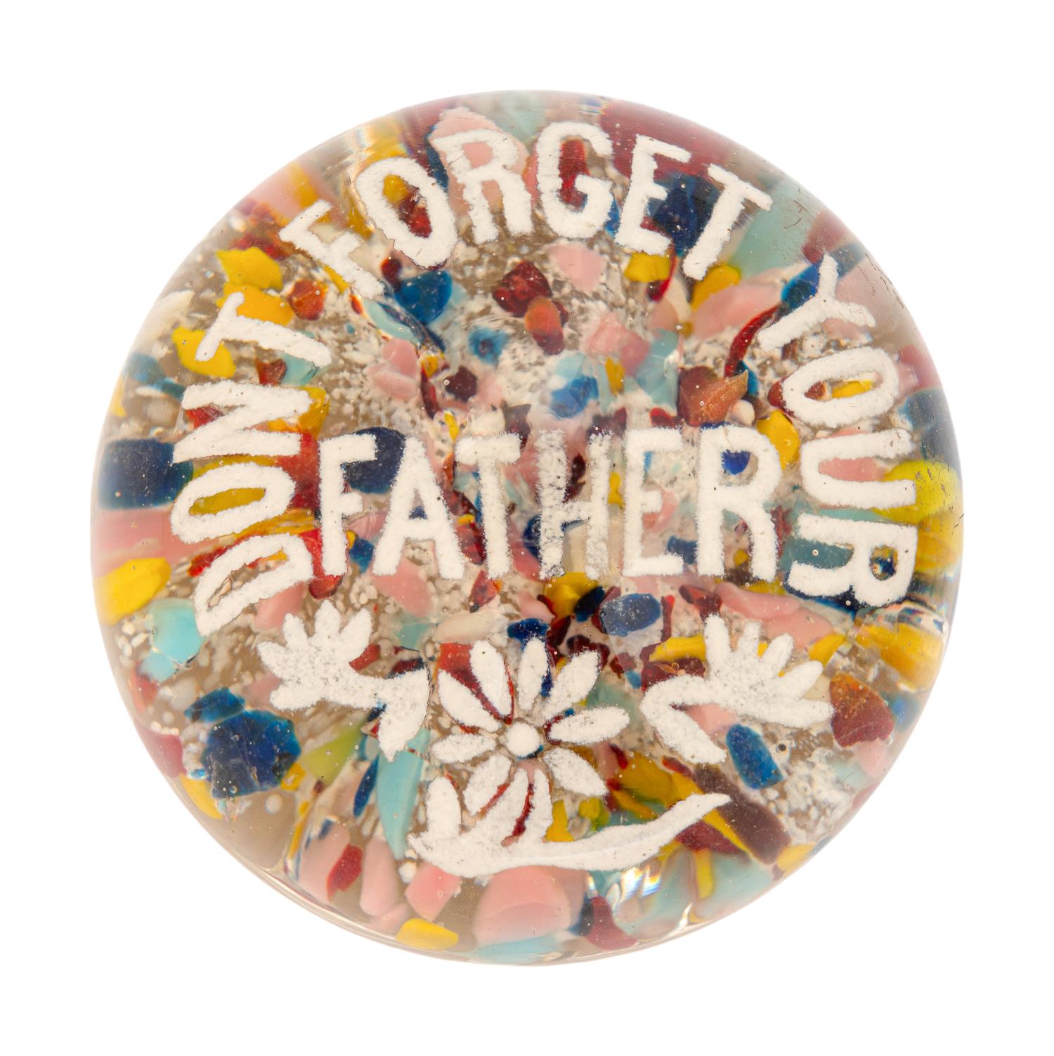 Two American Frit Father Motto Over Speckled Ground Glass Paperweights