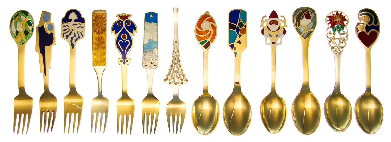 A Collection of Danish Enameled Silver Commemorative Christmas Spoons and Forks, A. Michelsen, Copenhagen, 20th Century, comprising spo