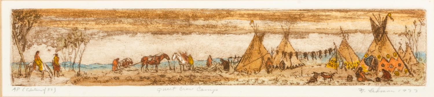 Group of four etchings: Crow War Ponys, Quiet Crow Camp, Pioneers, Born Loser