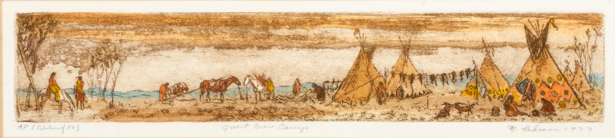 Group of four etchings: Crow War Ponys, Quiet Crow Camp, Pioneers, Born Loser