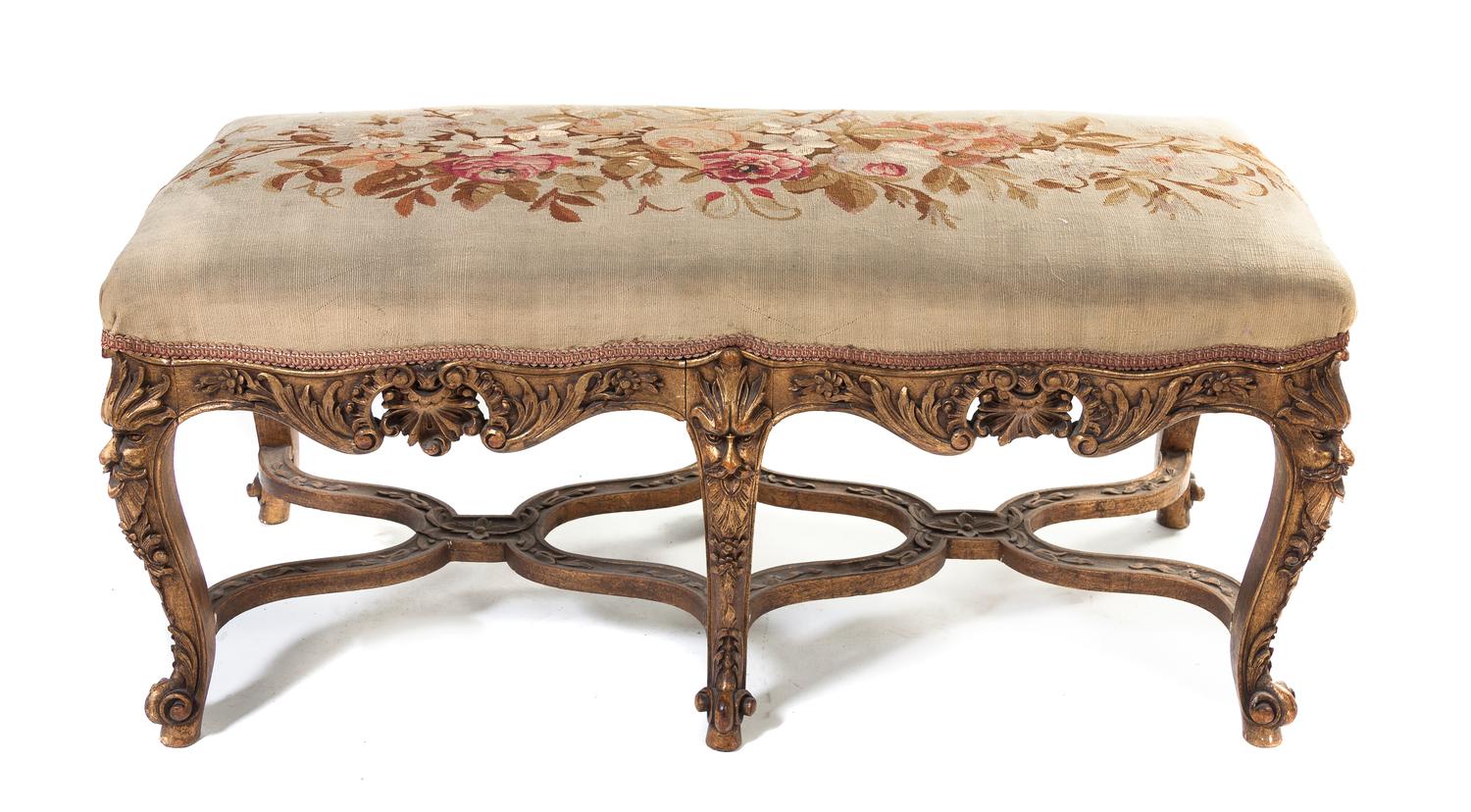 A Continental Giltwood Bench, Height 18 x width 40 x depth 17 1/2 inches.