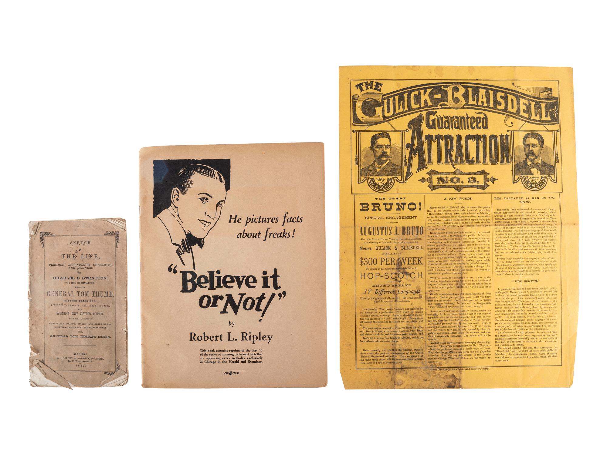 [CIRCUS] -- [SIDESHOWS]. A group of 4 items associated with unusual performing acts highlighted by a broadside advertising the "Illinois Giant Boy!" ca 1879.