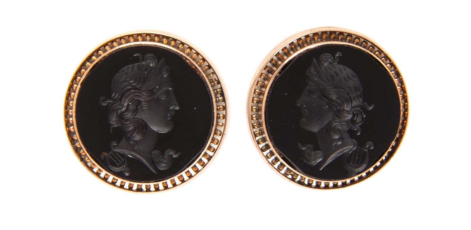 A Pair of 14 Karat Gold and Onyx Intaglio Earrings, 7.30 dwts.