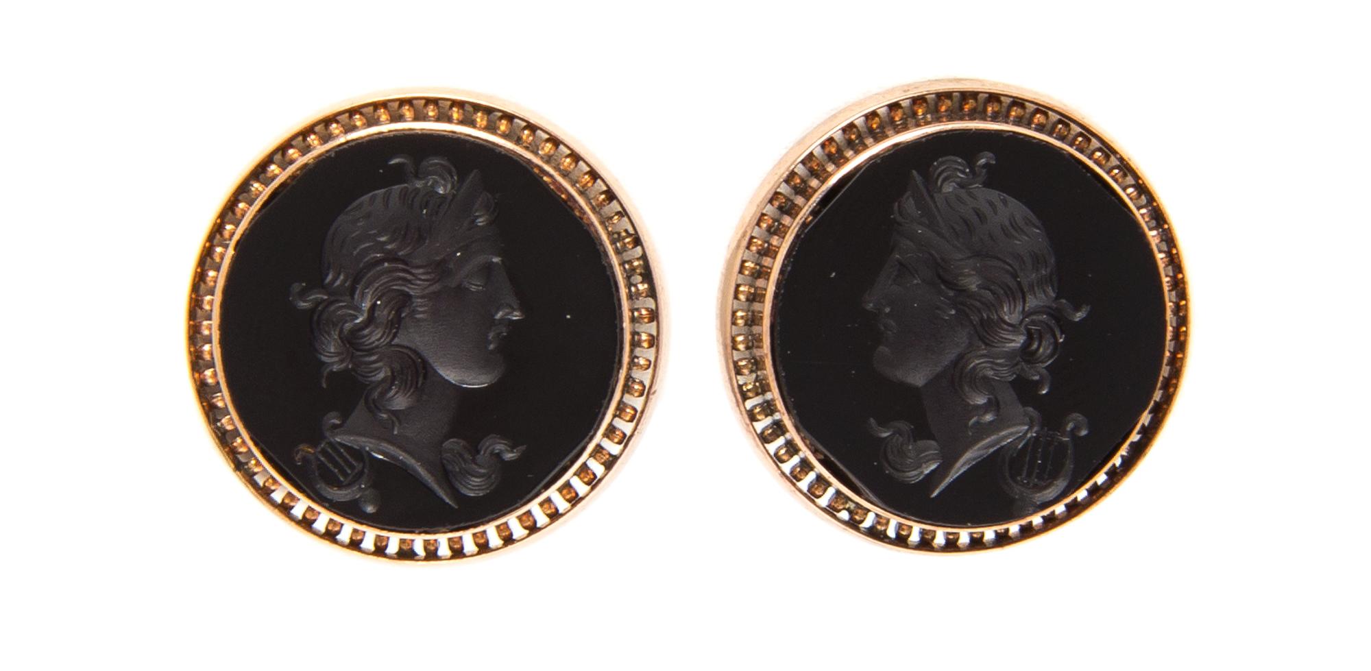 A Pair of 14 Karat Gold and Onyx Intaglio Earrings, 7.30 dwts.