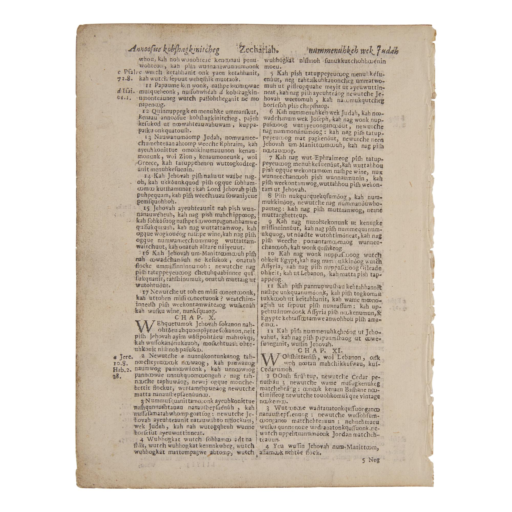 [Native-Americana] [Eliot, John] Leaf From the Eliot Indian Bible, the First Bible Printed in America