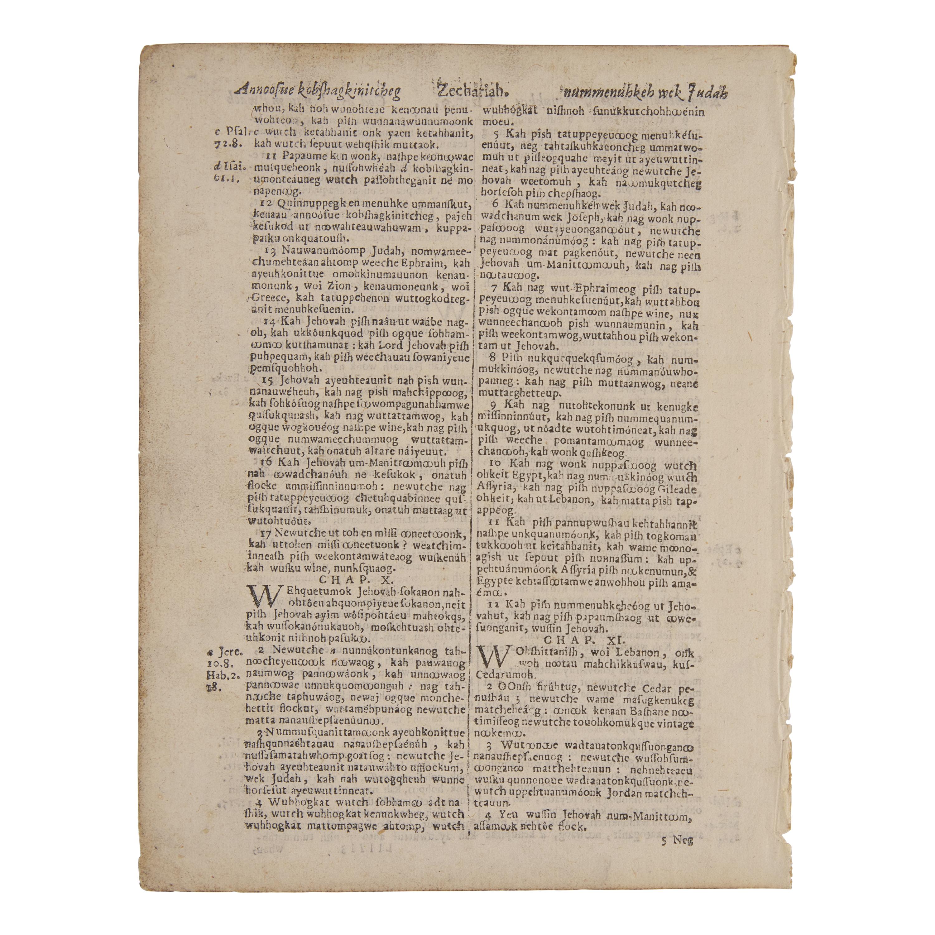[Native-Americana] [Eliot, John] Leaf From the Eliot Indian Bible, the First Bible Printed in America