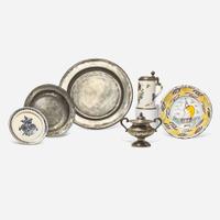 A group of six Delft, tin-glazed earthenware, and pewter tablewares, England, America, and Netherlands, 17th -19th century