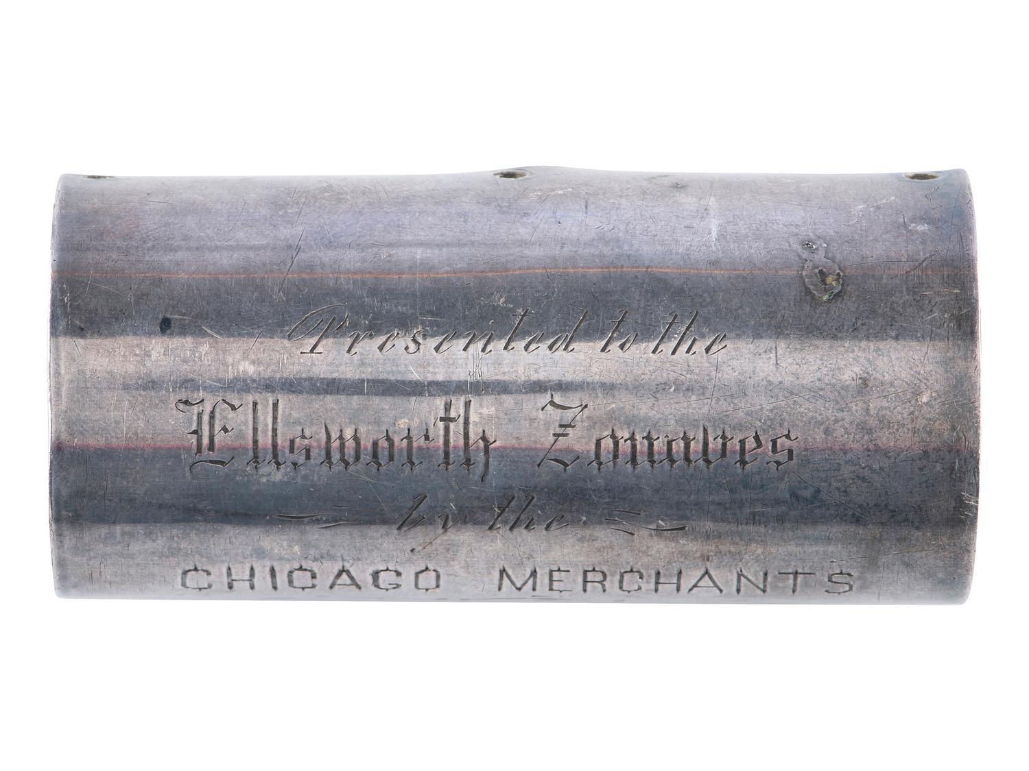 [CIVIL WAR -- ZOUAVES]. Presentation silver flag staff collar with inscription to the Ellsworth Zouaves from the Chicago Merchants. 27 July 1868.