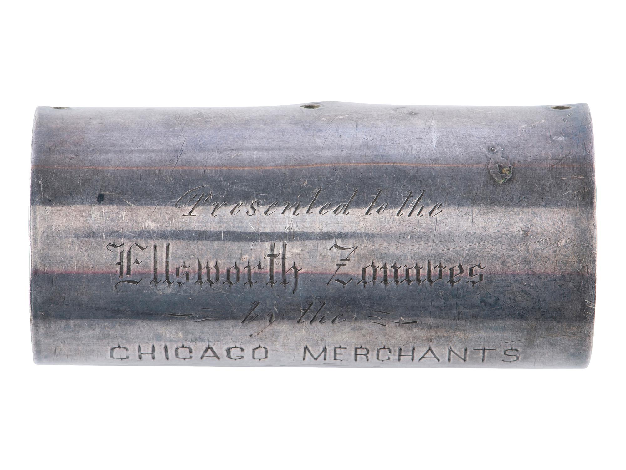[CIVIL WAR -- ZOUAVES]. Presentation silver flag staff collar with inscription to the Ellsworth Zouaves from the Chicago Merchants. 27 July 1868.