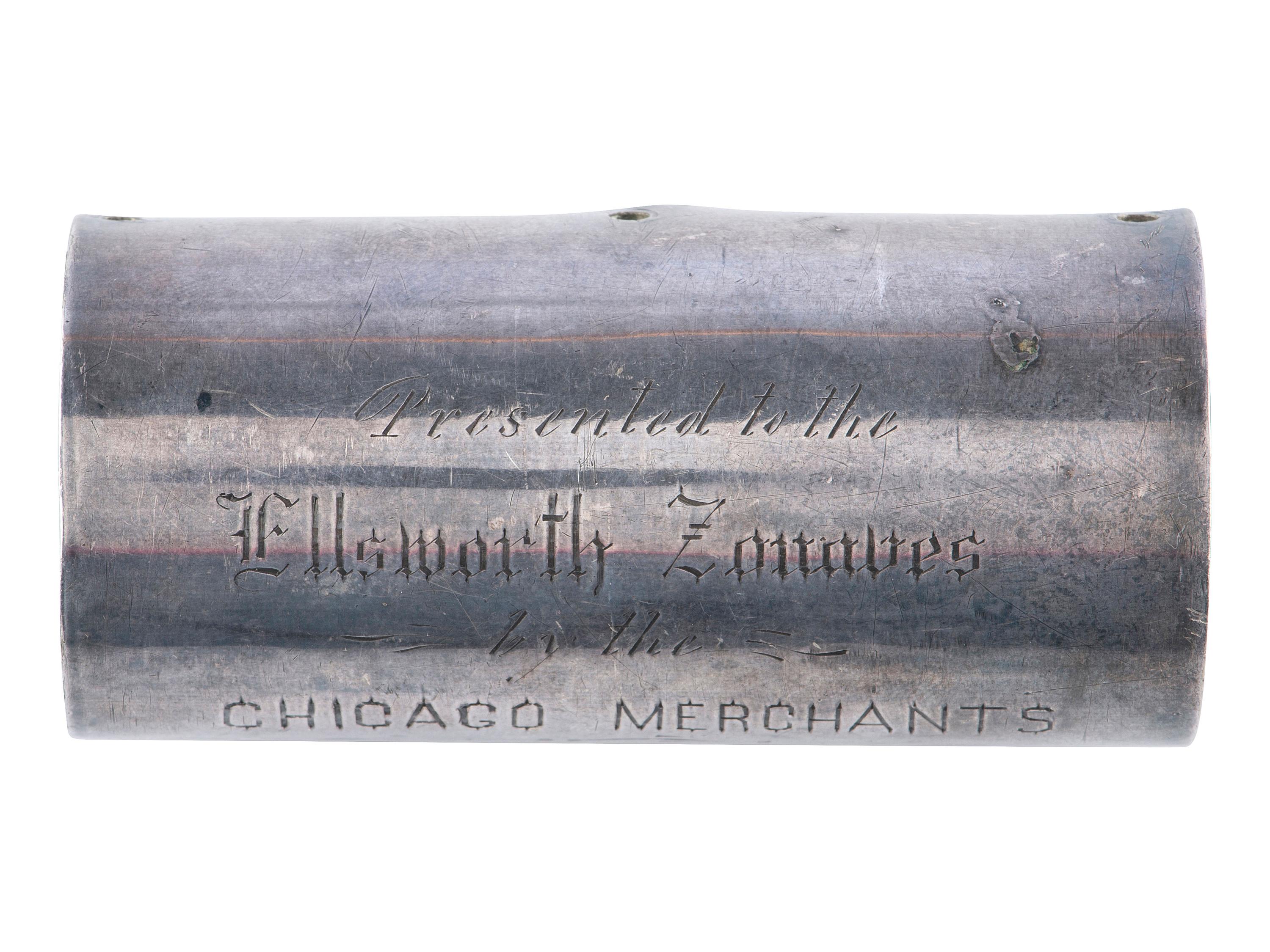 [CIVIL WAR -- ZOUAVES]. Presentation silver flag staff collar with inscription to the Ellsworth Zouaves from the Chicago Merchants. 27 July 1868.