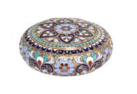 A Russian Enameled Silver Box, Gustav Klingert, Moscow, late 19th Century, of circular form with stylized foliate decoration.