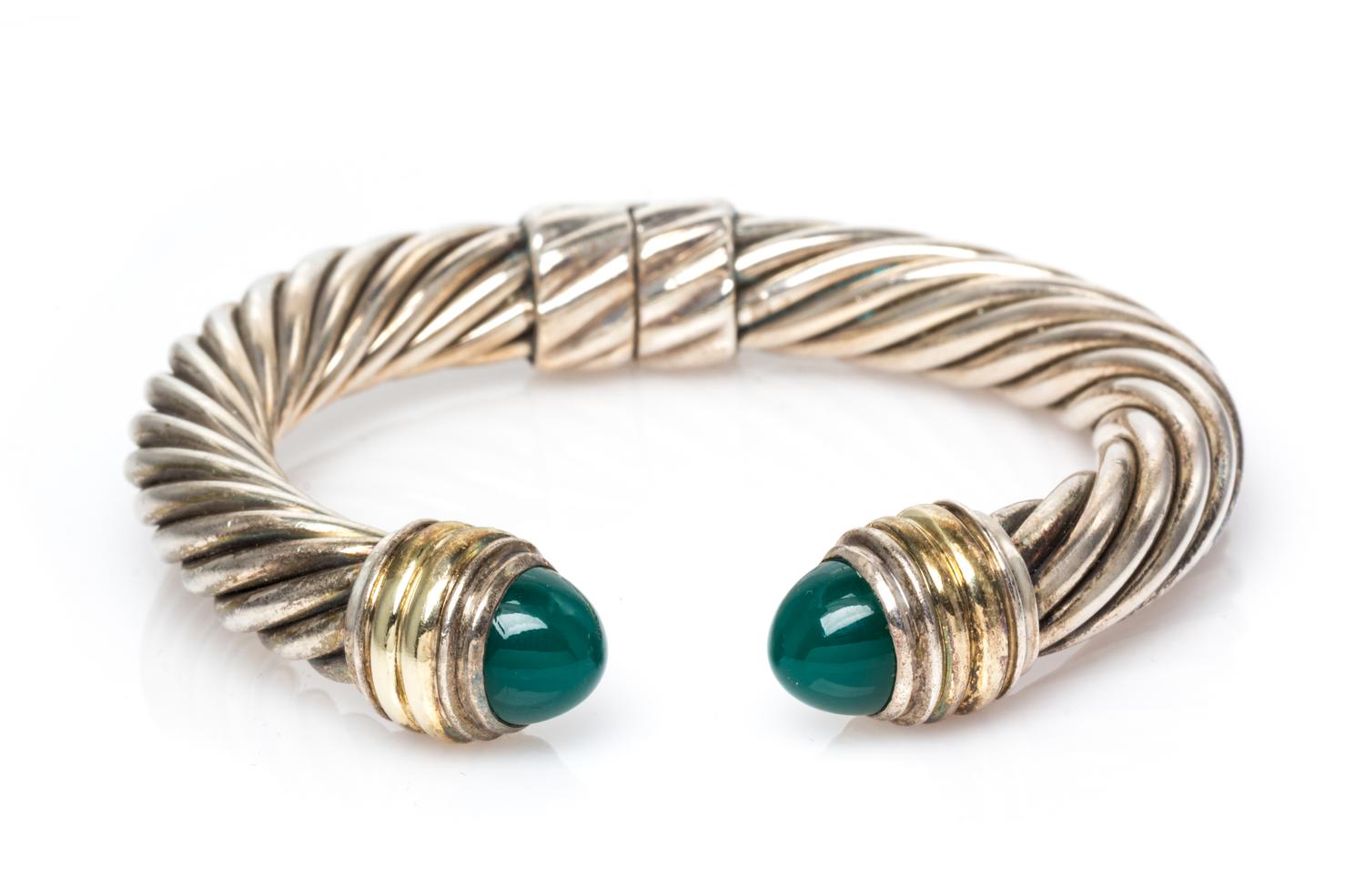 A Sterling Silver, 14 Karat Yellow Gold and Green Onyx 'Cable Classics' Bracelet, David Yurman, 27.90 dwts.
