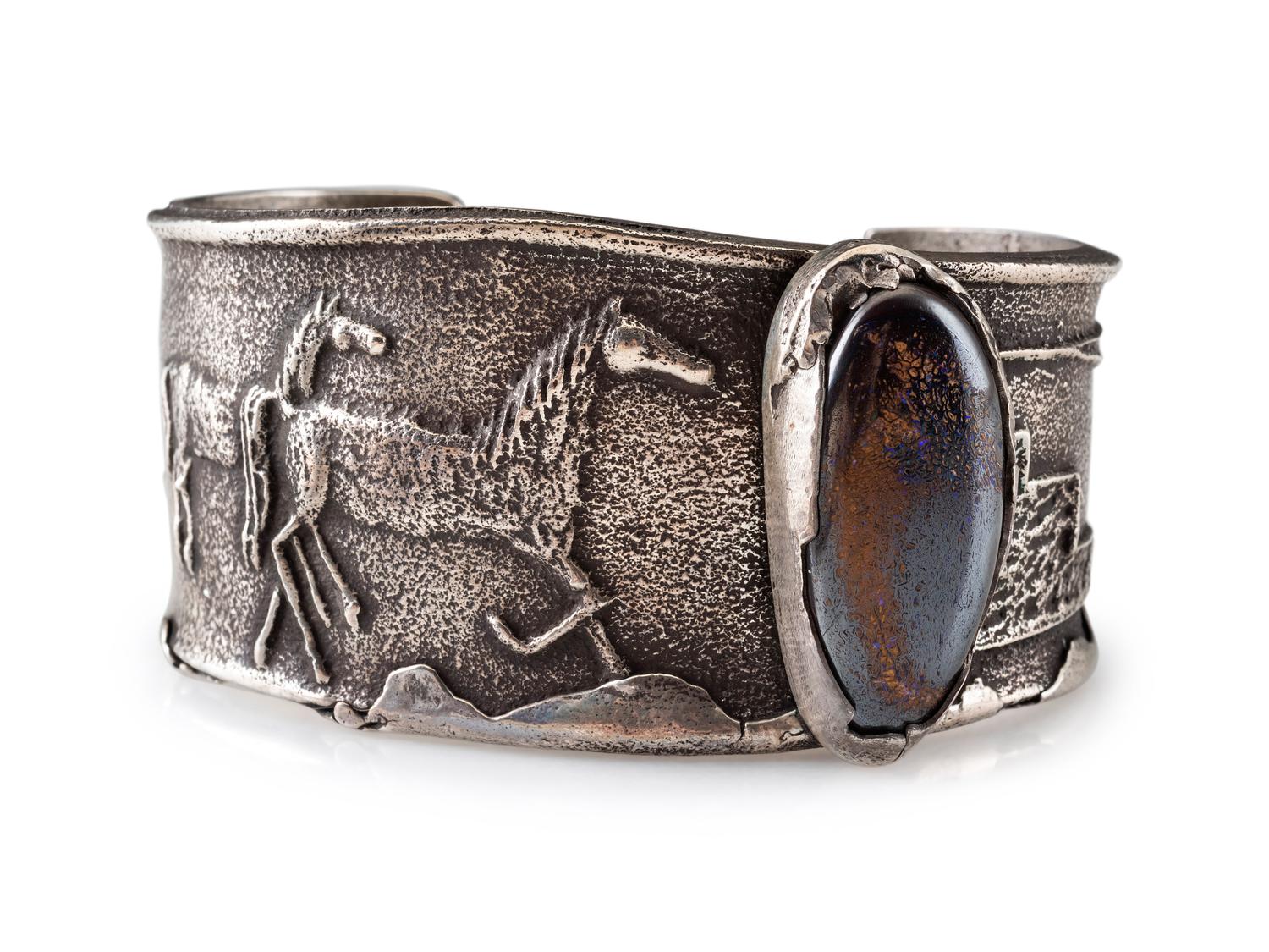 Tufa Cast Silver and Boulder Opal Cuff Bracelet, with Equine and Pueblo Design