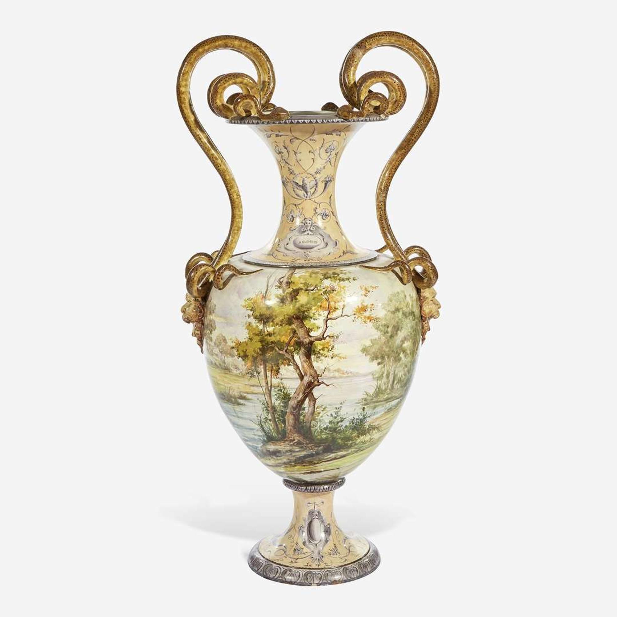A Large Italian Majolica Twin-Handled Urn on Conforming Pedestal Probably Cantagalli, dated 1898