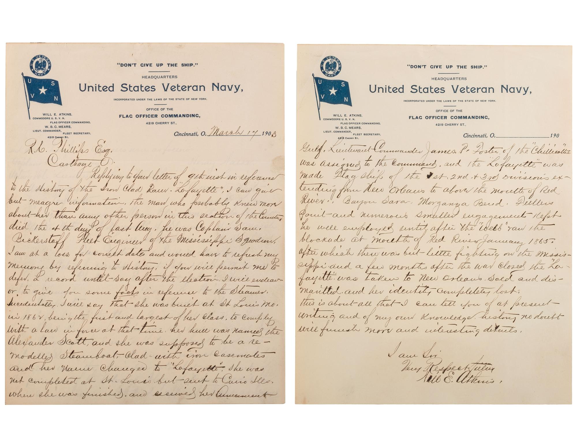 [CIVIL WAR - NAVY]. A group of 2 documents related to the iron clad ram USS Lafayette, comprising: