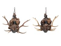 A Pair of Painted Wood and Antler-Mounted Lusterweibchen Chandeliers