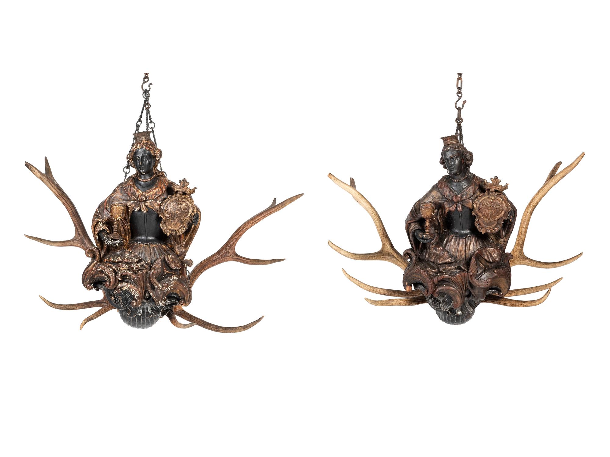 A Pair of Painted Wood and Antler-Mounted Lusterweibchen Chandeliers