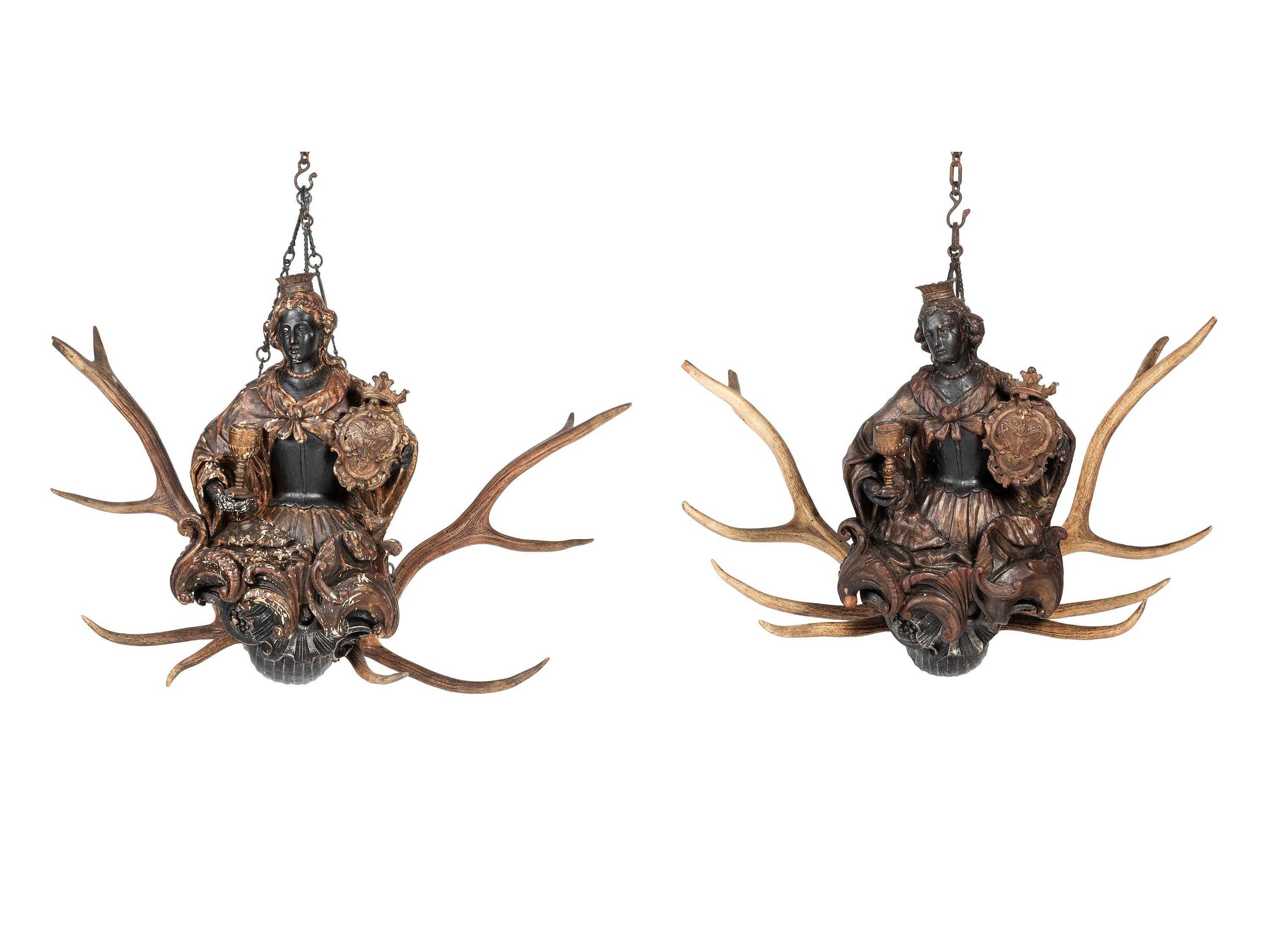 A Pair of Painted Wood and Antler-Mounted Lusterweibchen Chandeliers